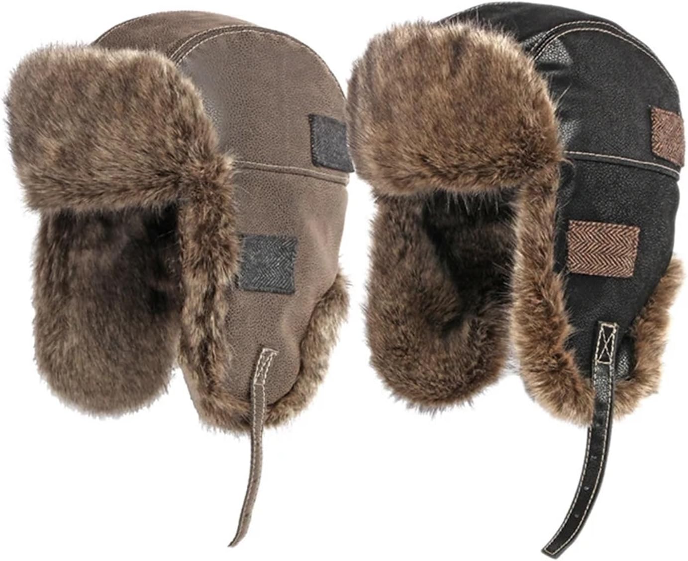 Winter Hat Men Bomber Cap Women Leather with Earflaps Velvet Thick Snow Windproof Faux Fur Pilot Aviator for Cold Weather