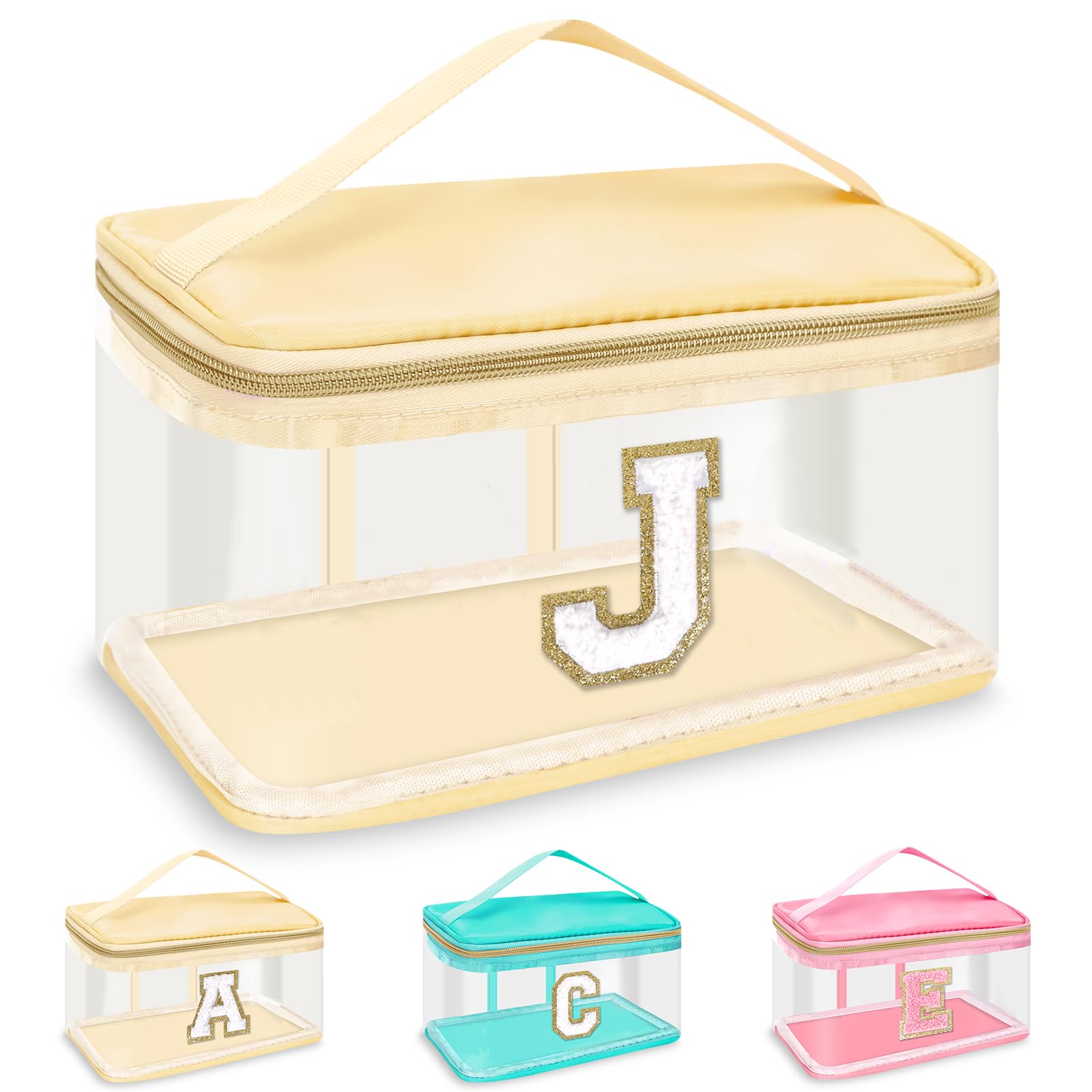 Initial Letter Clear Makeup Bag Organizer Personalized Gift,Cute Clear Chenille Patch Cosmetic Travel Beach Toiletry Bag,Nylon Monogram Trendy TSA Approved Make Up Storage Gift for Women Teen(Beige,J)