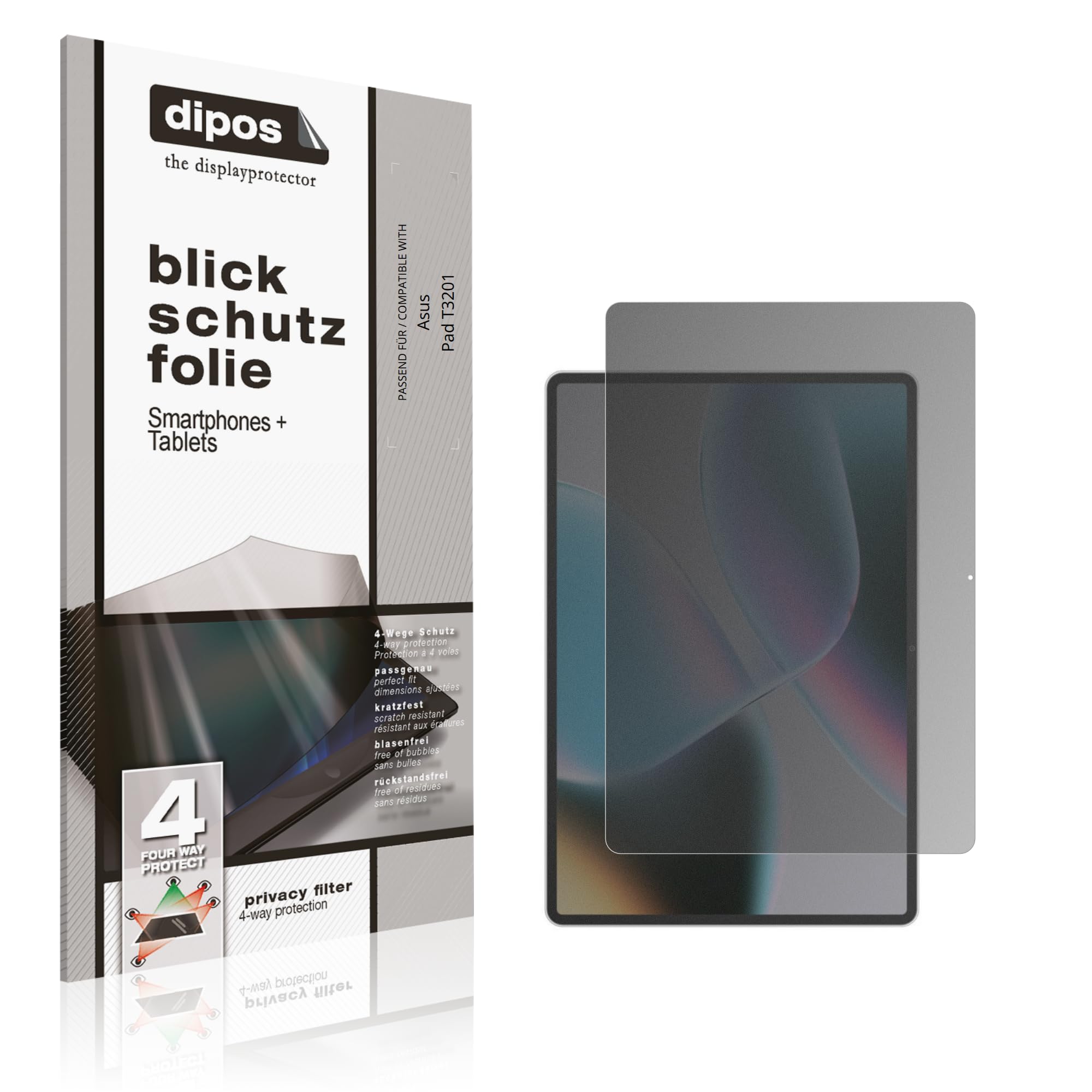 dipos Protector de Pantalla Antiespía para Asus Pad T3201 | Película protectora mate, filtro de privacidad 4 vías, ajuste perfecto, antiarañazos, sin burbujas, autoadhesivo