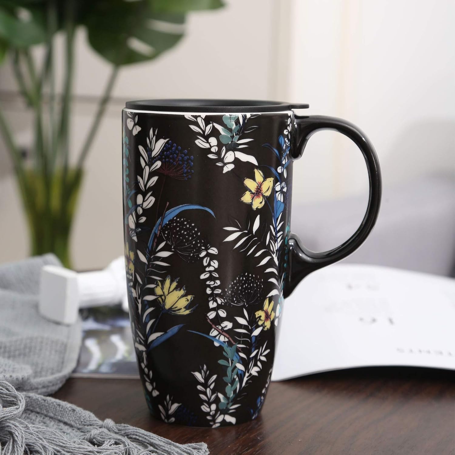 Topadorn Ceramic Coffee Mug Travel Cup Gift with Lid 17oz., Porcelain Tall Tea Cup with Handle for Home & Office, Black Floral Art Pattern Gift Mug, 6.5''H - Image 2