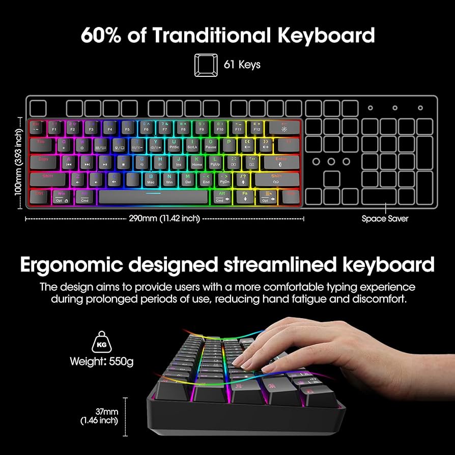 きりゅ KOORUI 60% Mechanical Gaming Keyboard, Mixed Colors LED