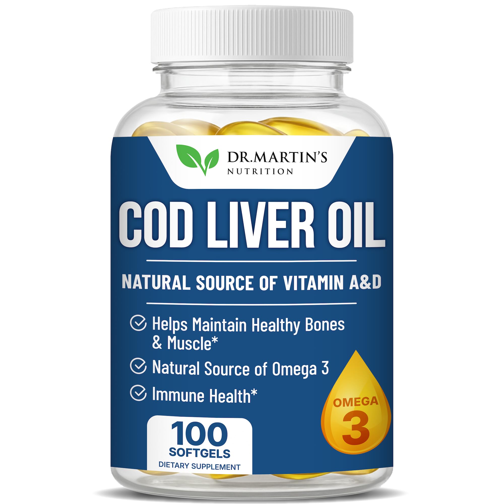 DR. MARTIN'S NUTRITION Suplemento de Óleo de Fígado de Bacalhau com Ômega-3 EPA e DHA, Vitaminas A e D, 415 mg, 100 cápsulas