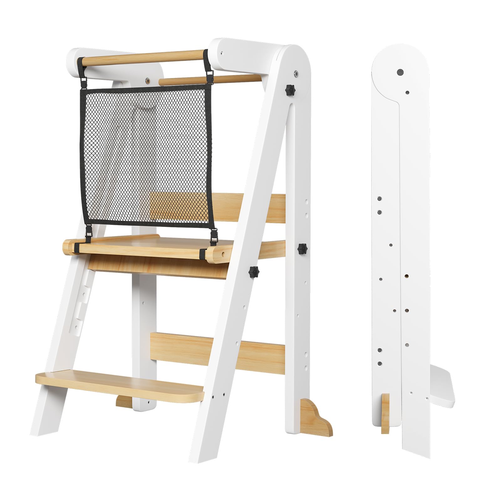 ROOMTEC Foldable Toddler Kitchen Tower, 3 Adjustable Height Wooden Learning Stool, Toddler Standing Tower with Safety Net for Kitchen Bathroom Sink Counter (White)