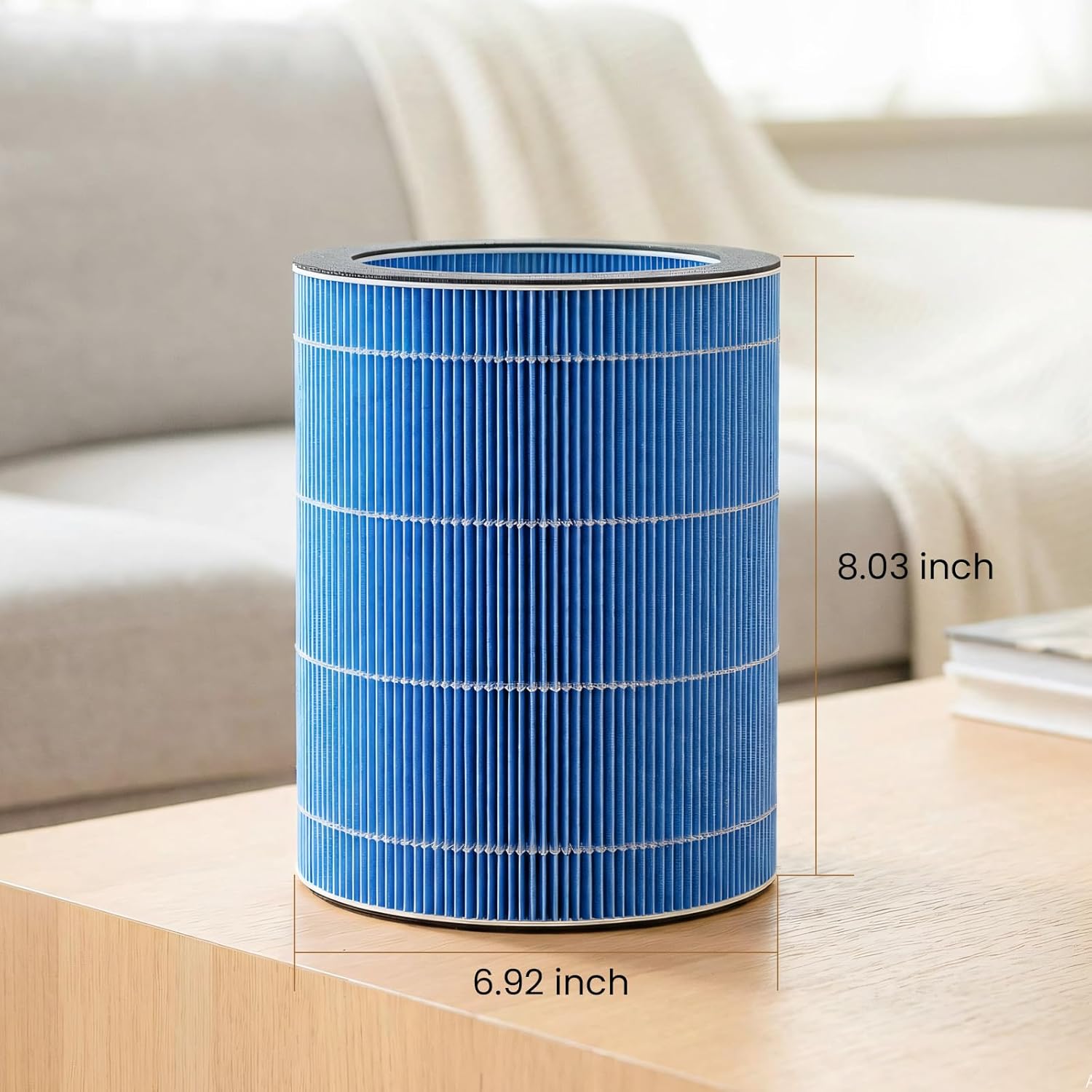 Humidifier filter with dimensions 8.03 inches height and 6.92 inches diameter.