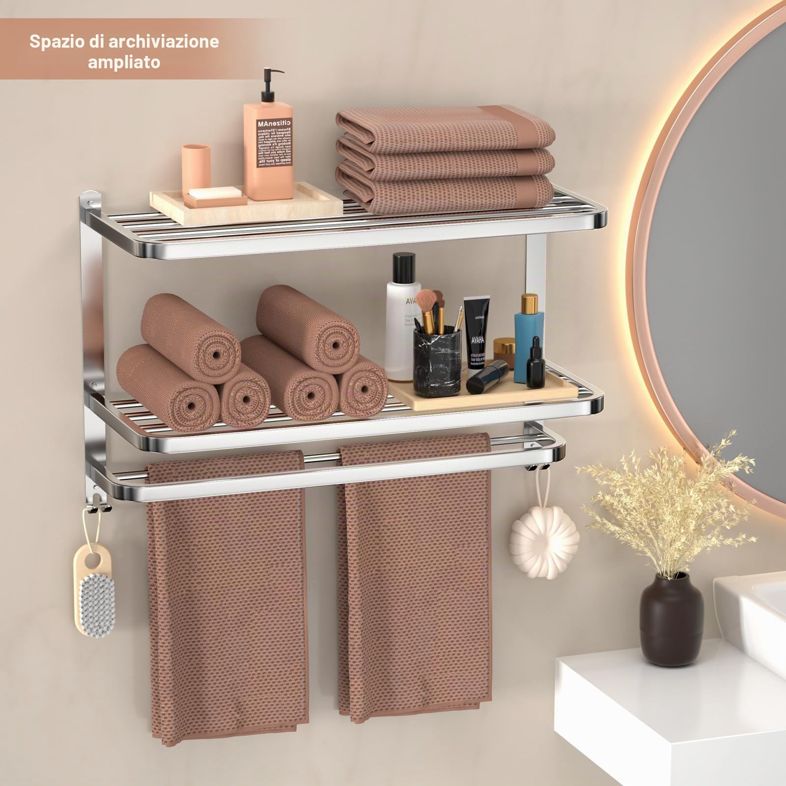 Portasciugamani a 3 livelli per bagno con barre porta asciugamani multistrato per hotel in acciaio inox a parete con finitura spazzolata porta asciugamani 50 cm