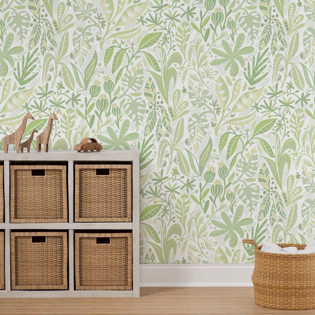 Spoonflower Peel & Stick Wallpaper 3ft x 2ft - Meadow Leaves Olive Green Botanical Neutral Custom Removable Wallpaper
