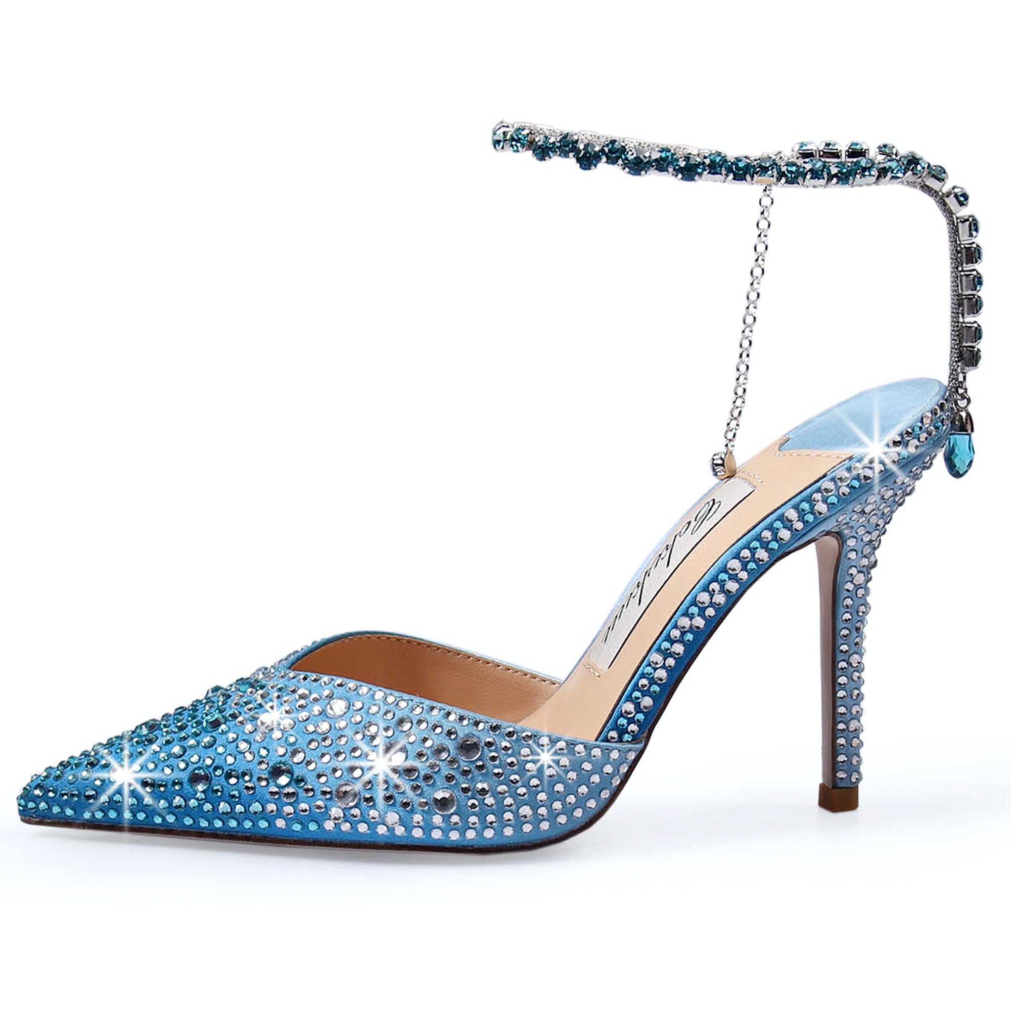 Women's Heeled Sandals Crystal Chain Ankle Straps Rhinestones Buckle High Heels Stiletto Slip On Wedding Party Satin Dress Shoes 3.9 IN