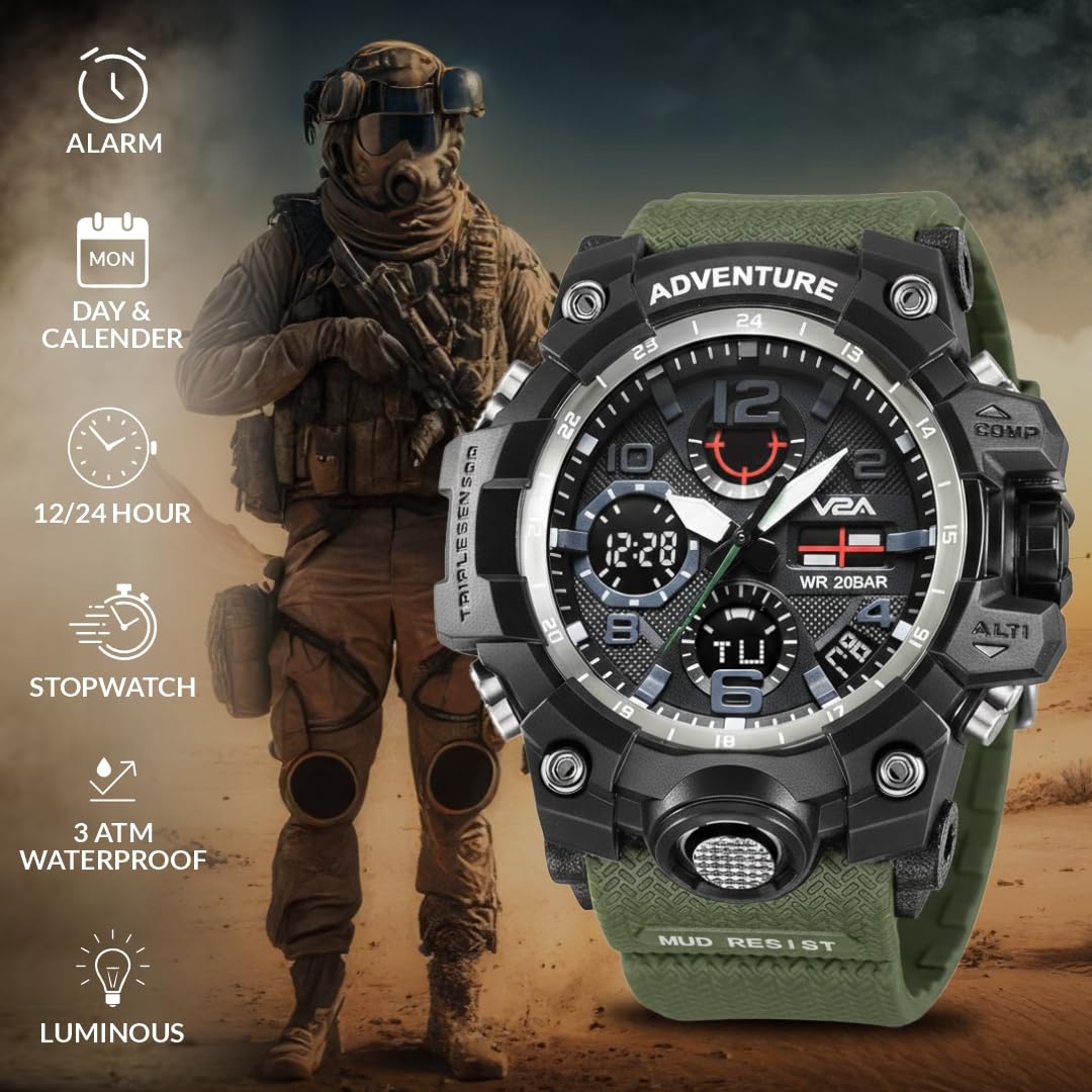 V2A Resin Military Green Chronograph Analogue And Digital Sports Watch For Men And Boys (Army Green), Black Dial, Black Band 2