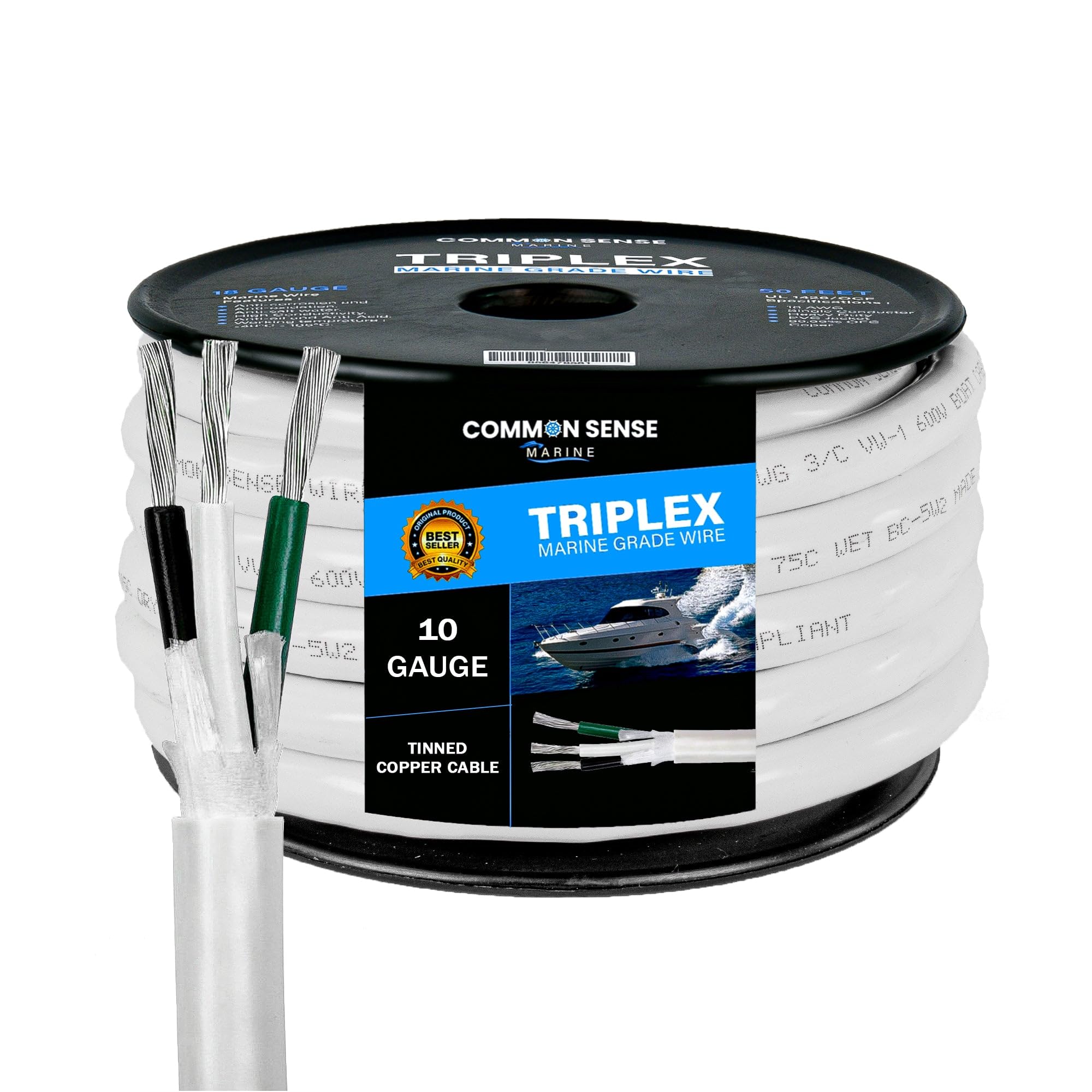 10 Gauge 3 Conductor Marine Wire - 60 ft Triplex Round Marine Grade Wire Tinned Copper Oxygen-Free Insulated - 10/3 AWG UL 1426 Standard PVC Wire for