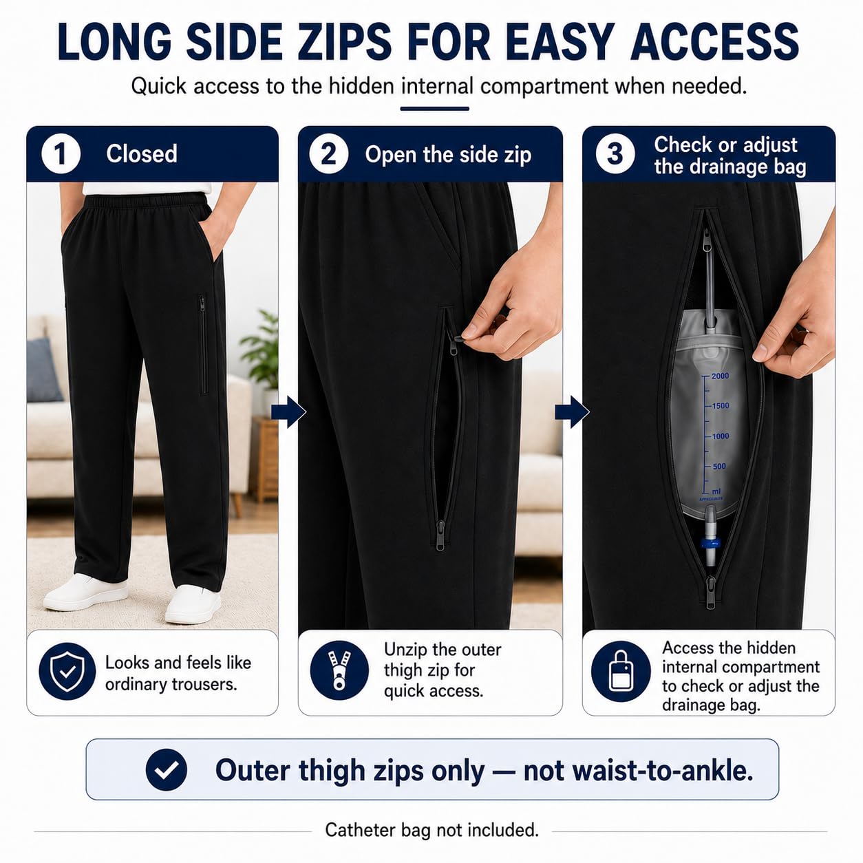 Pantaloni per Catetere per Uomo, Pantaloni per Sacca da Gamba per Catetere con Doppie Tasche con Cerniera, Pantaloni per Sacca per Urina