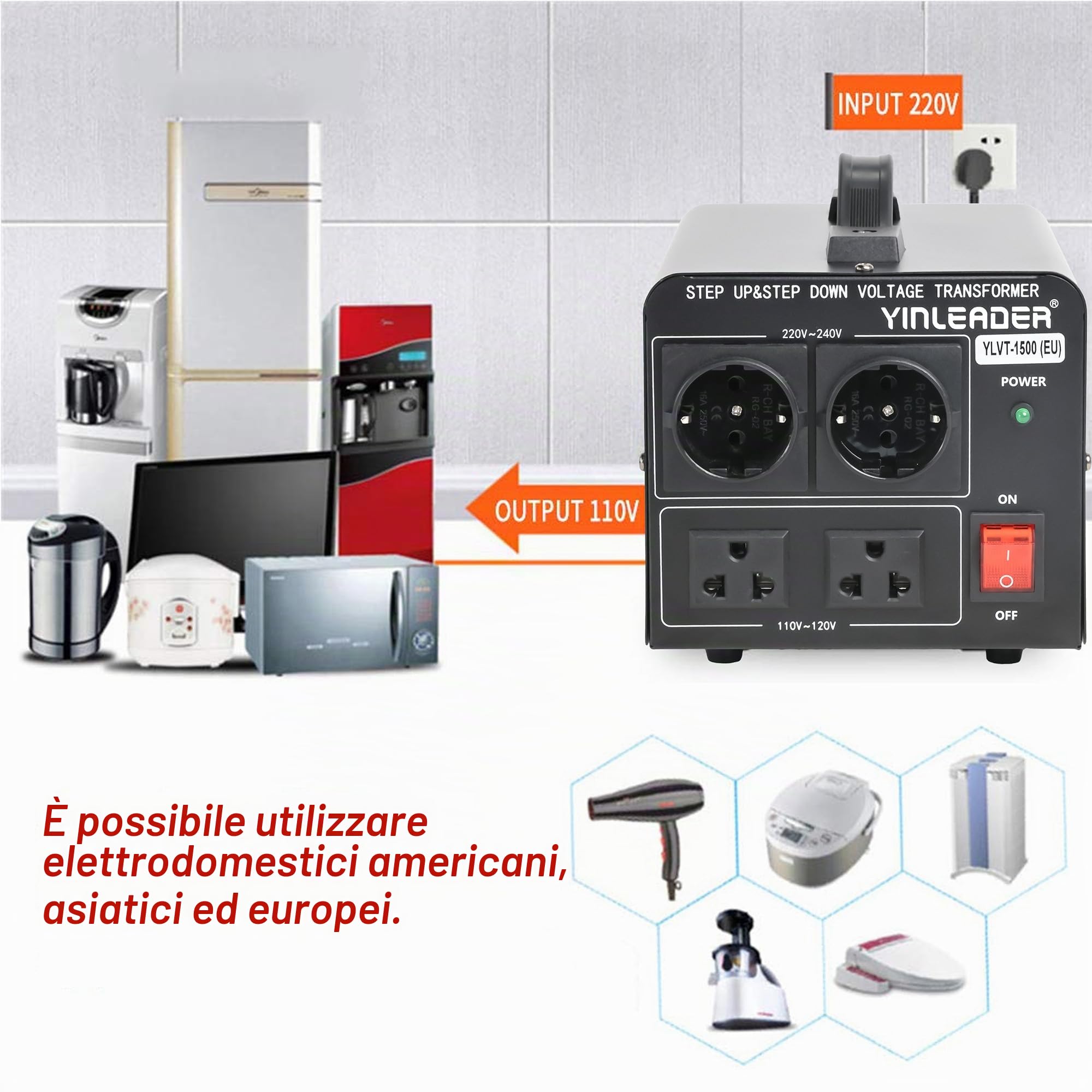 Yinleader 1500VA Trasformatore 220V - 110V - Convertitore USA nucleo toroidale riduttore 1500 Watt
