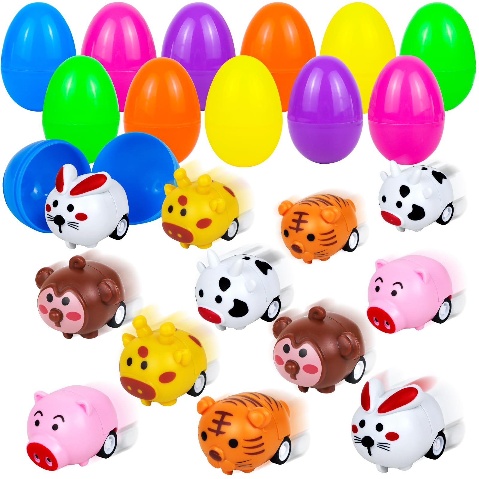 Photo 1 of 12PCS Easter Egg Filled with Animal Pull Back Cars Toys, Easter Basket Stuffers for Toddler Kids Boy Girls, Mini Small Toys for Easter Egg Fillers, Easter Gift for Goodie Bag Party Favors Egg Hunt