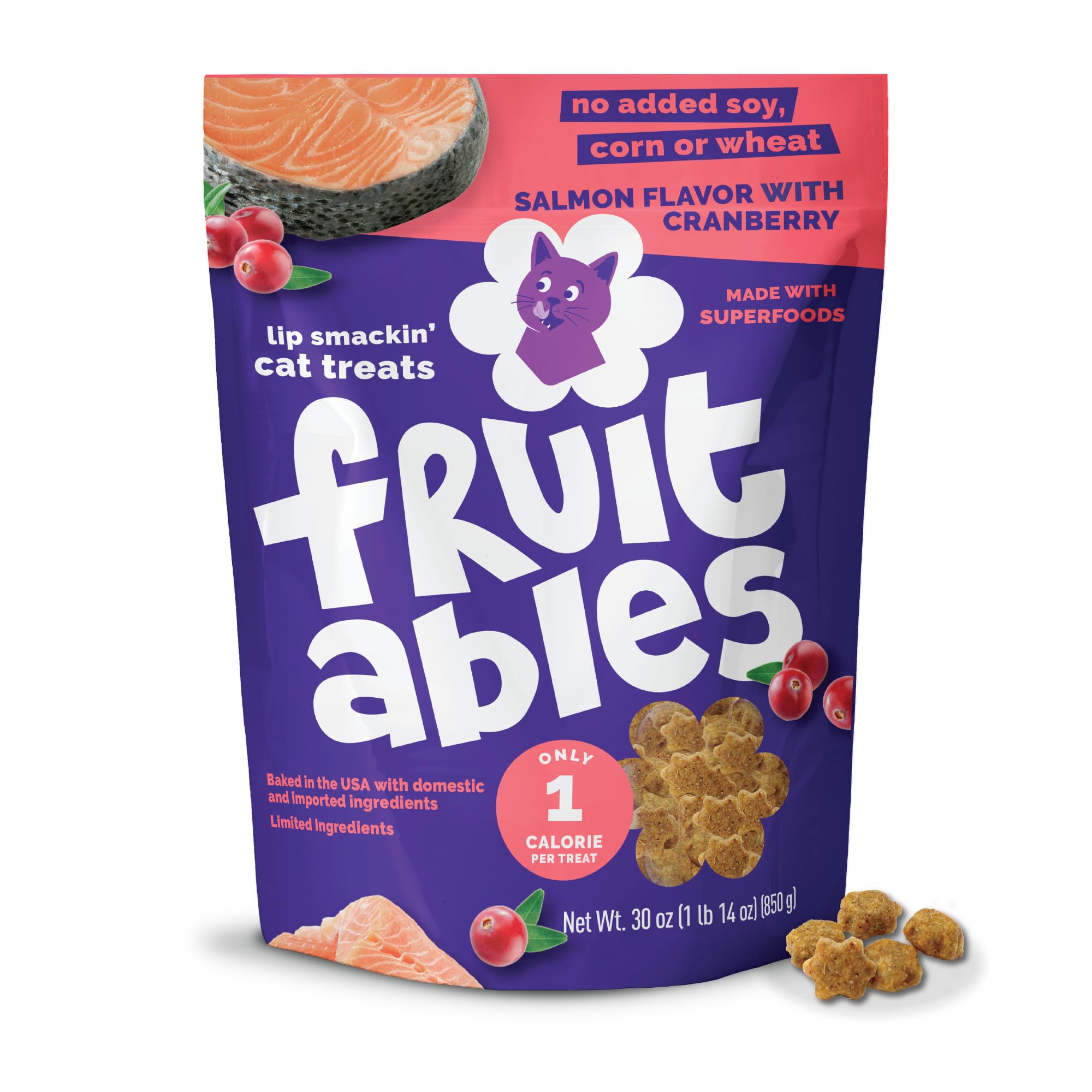 Fruitables Cat Treats Crunchy Cat Treats, Healthy Low Calorie Kitten Snacks, Made Without Wheat, Corn and Soy, Kitten Essentials, Made with Real Salmon and Cranberry, 30 Ounces