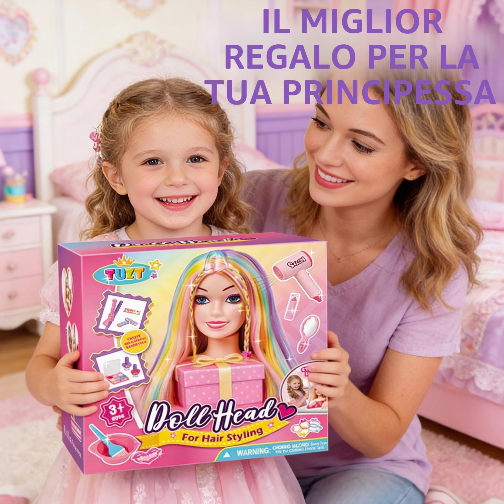 vamei Testa Bambola da Truccare e Pettinare, Set Parrucchiera con Asciugacapelli Smalto Unghie Trucchi e Accessori per Capelli, Giocattoli Salone Giochi Bambini Regalo Bambina 3 4 5 6 7 8 Anni