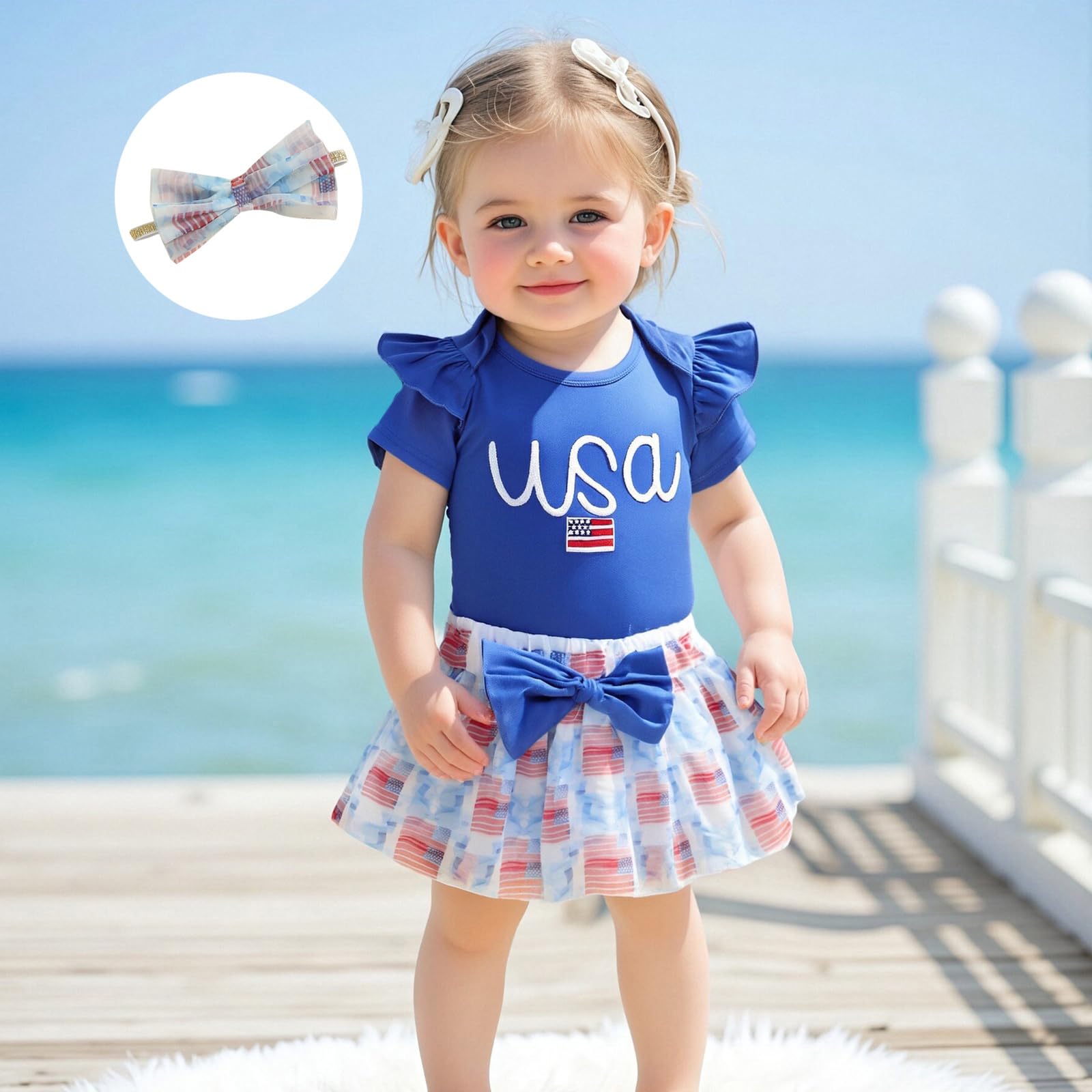 JLKGICF 4th of July Baby Girl Outfits Infant Usa Bubble Romper Flag&Bow Print Tulle Tutu Skirt My First Fourth of July Outfit (Blue, 0-3 Months)