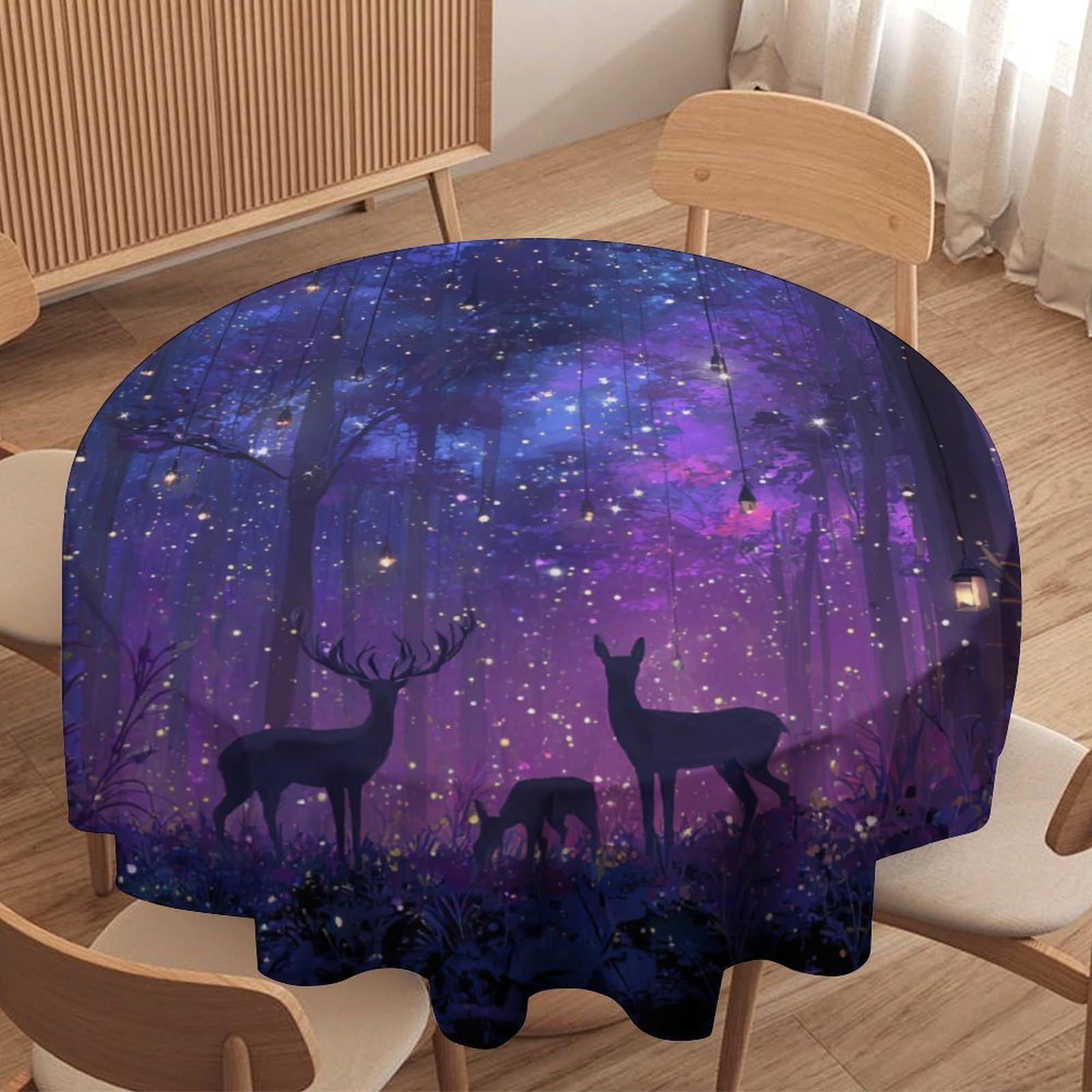 LUYYSKY Colorful Rustic Animal Elk Waterproof Round Tablecloth Retro Romantic Purple Galaxy Enchanted Forest Deer Pattern Washable Table Cover for Kitchen-177.8" Wx177.8 L cm