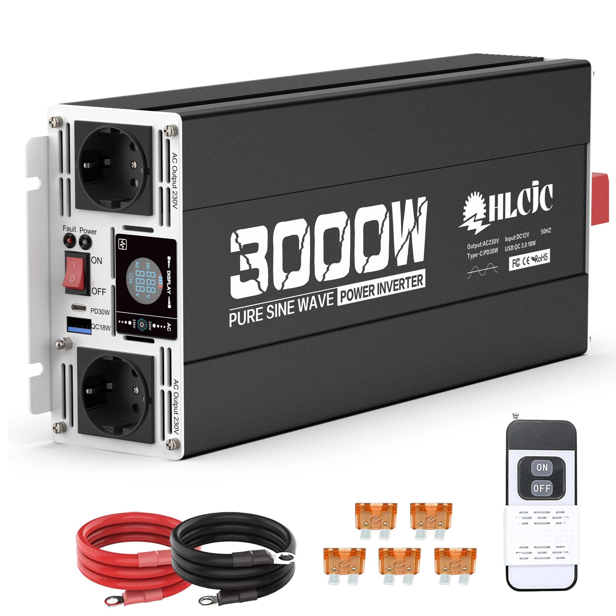 Spannungswandler 3000W/6000W Reiner Sinus- Wechselrichter 12V auf 230V, mit 2X EU Steckdose, mit 1x PD 30W USB-C, 1xQC 3.0 18W USB-A Schnellladung, LCD-Anzeige für Wohnmobil LKW KFZ