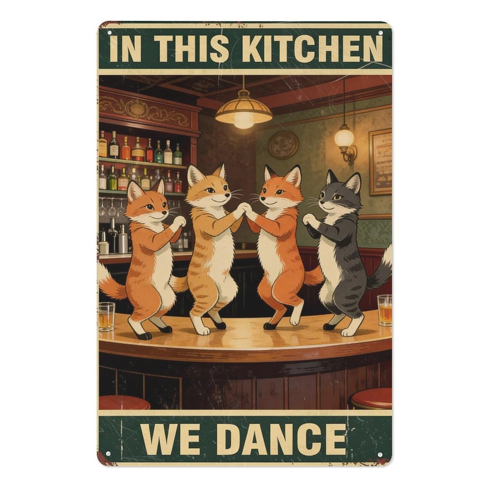 peiyeety In This Kitchen We Dance Foxes and Cat Dancing Metal Tin Sign 8x12 Inch Funny Kitchen Plaque, Vintage Rustic Wall Decor Wall Art for Home