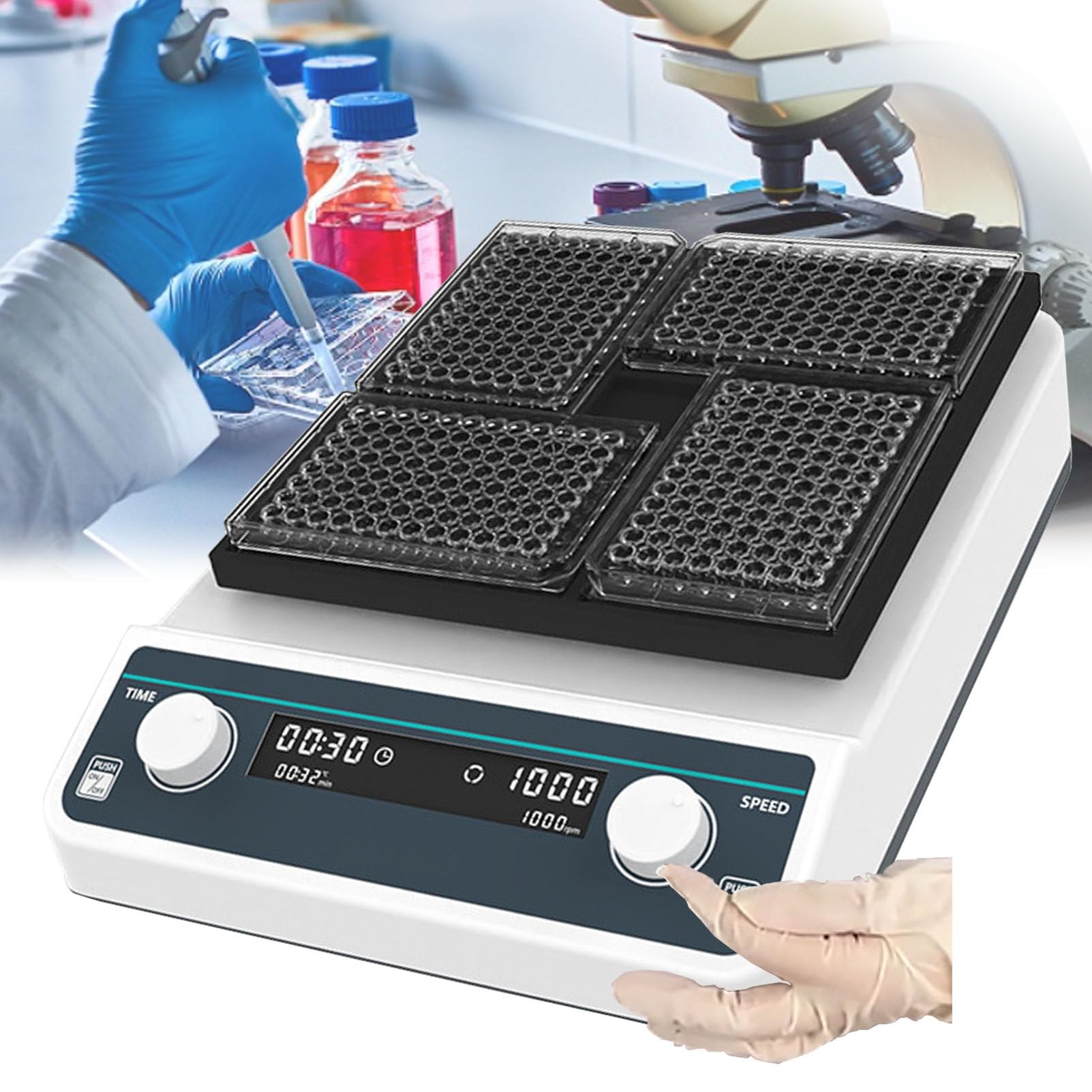Agitatore orbitale digitale da laboratorio per micropiastre, agitatore temporizzato da 1 minuto a 8 ore con velocità regolabile da 500 a 1200 giri/min, oscillatore per piastre di coltura cel