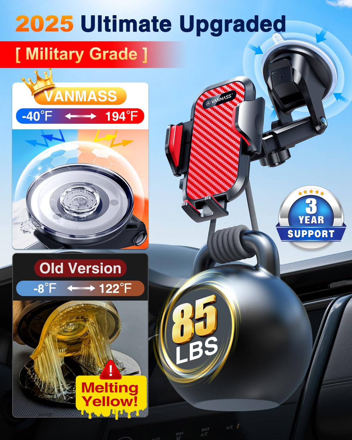 VANMASS Phone Holders for Your Car Ultimate Phone Mount Military-Grade Windshield Dashboard Vent【Newest Best Strongest】 Cell Phone Car Mount for iPhone 17 Pro Max 16 15 Samsung Android,Carbon Black: Red