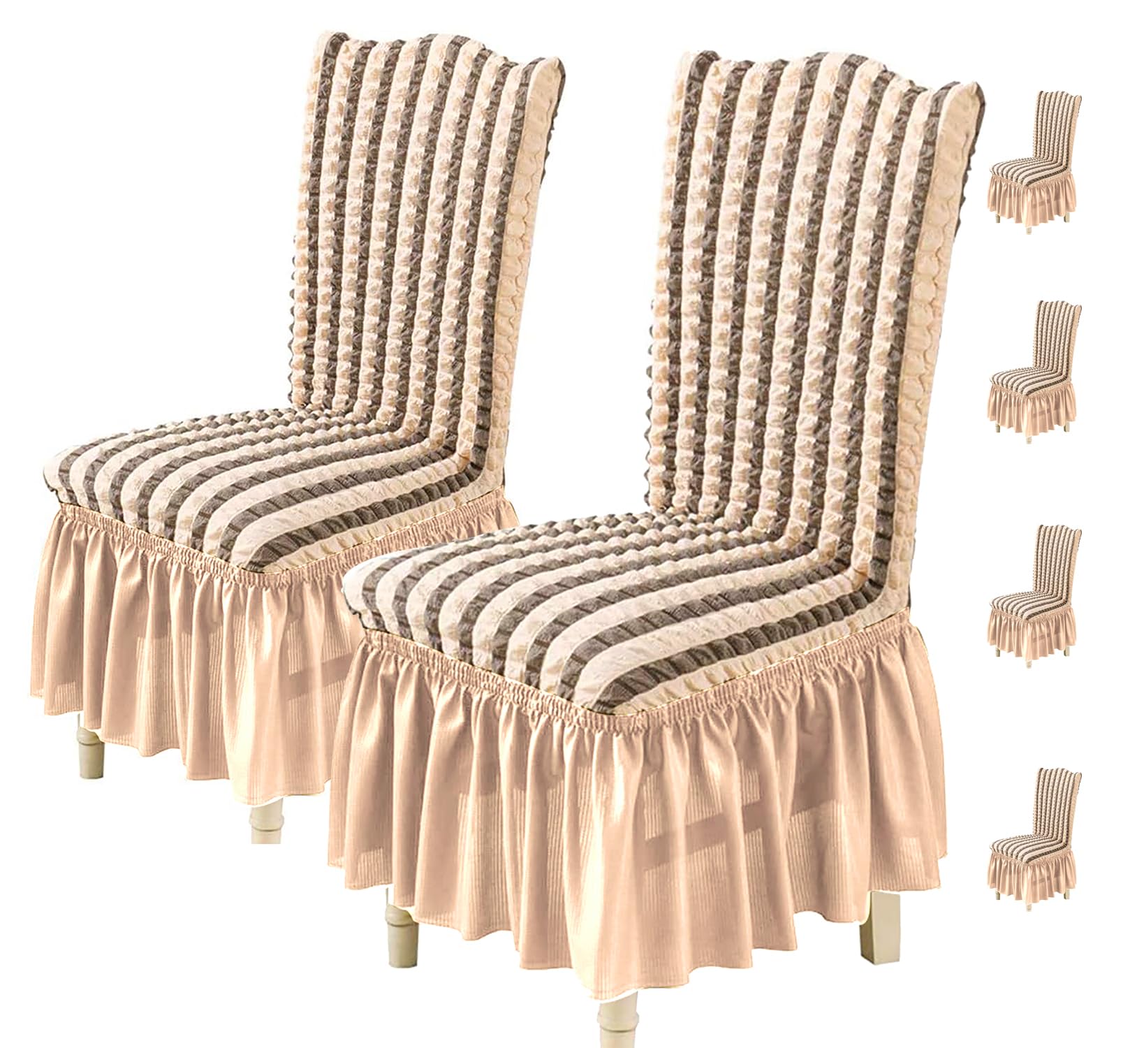 House of Quirk Turkish Bubble Frill Chair Cover Stretch Removable Washable Short Dining Chair Cover Protector Seat Slipcover (Beige Stripe, Pack of 6),Polyester