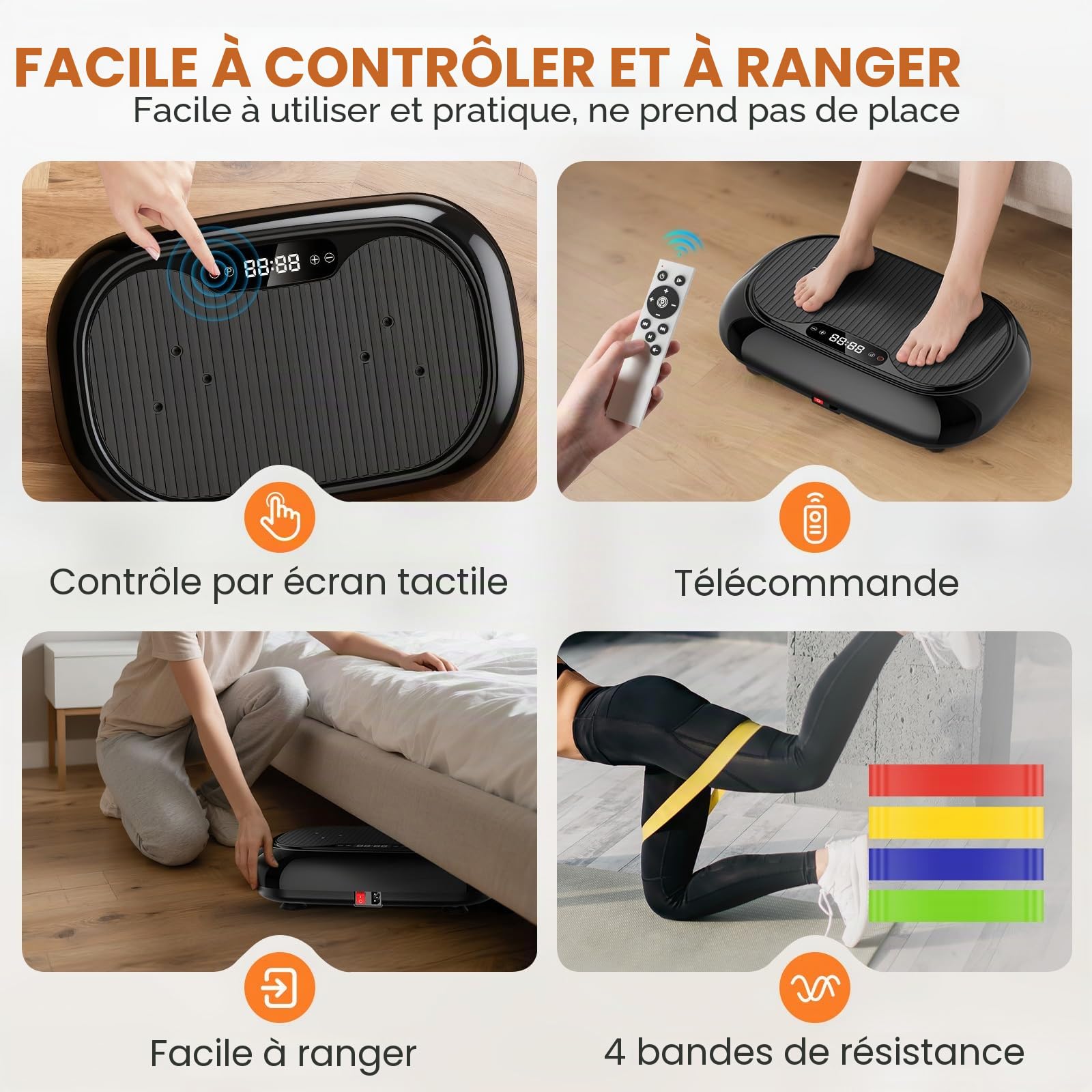 Plateforme Vibrante, Plaque Vibrante avec 9 Modes, 120 Vitesses Réglables, 4 Bandes de Résistance, Capacité 150 kg, Haut-Parleur Bluetooth, Télécommande, pour Entraînement Complet du Corps