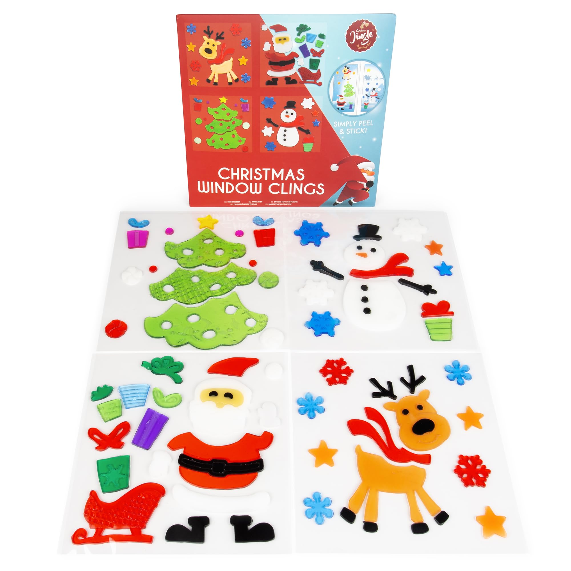abeec Weihnachtliche Fensterbilder - Wiederverwendbar - Gel - Fensteraufkleber - Schneemann, Rentier, Weihnachtsmann & Weihnachtsbaum - Fensterdekoration