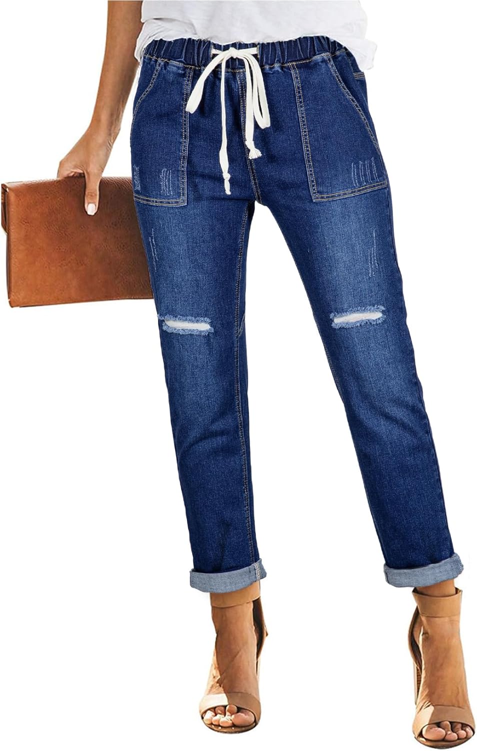 Sidefeel Women’s High Waisted Drawstring Jeans Pull On Cargo Joggers Zimbaplatinum Ripped Elastic Waist Denim Pants