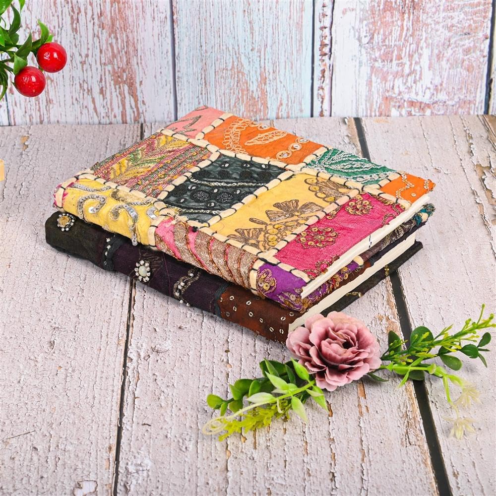 Arts & Crafts Ręcznie robiony papierowy dziennik w stylu vintage, boho, patchworkowa okładka, haftowany notatnik z cekinami i jari, pamiętnik, wyjątkowy prezent dla pisarzy i podróżników