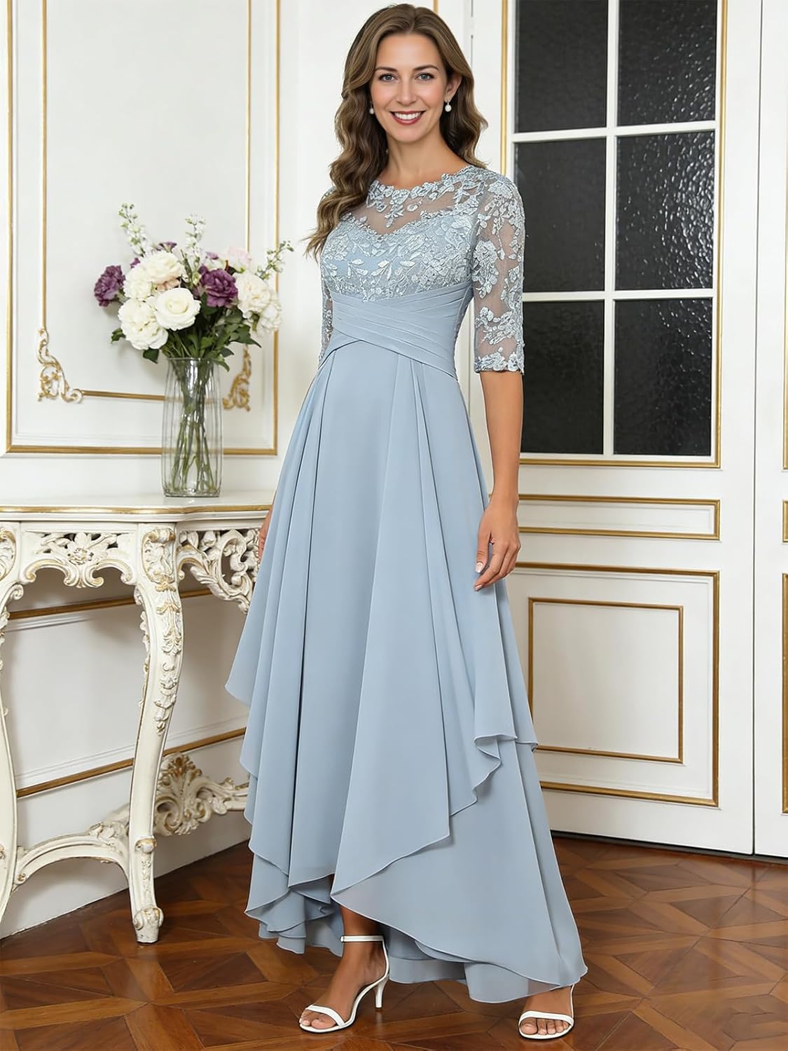 Women’s Mother of The Bride Dresses - Lace Appliques Long Ruffle Chiffon Formal Dress