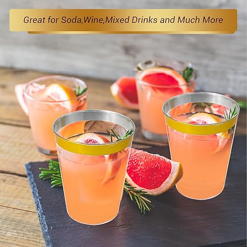 Miniatura 6 de LFGUD 100 vasos de plástico dorados, vasos de plástico desechables de 10 onzas para fiestas, vasos desechables de plástico duro con borde dorado