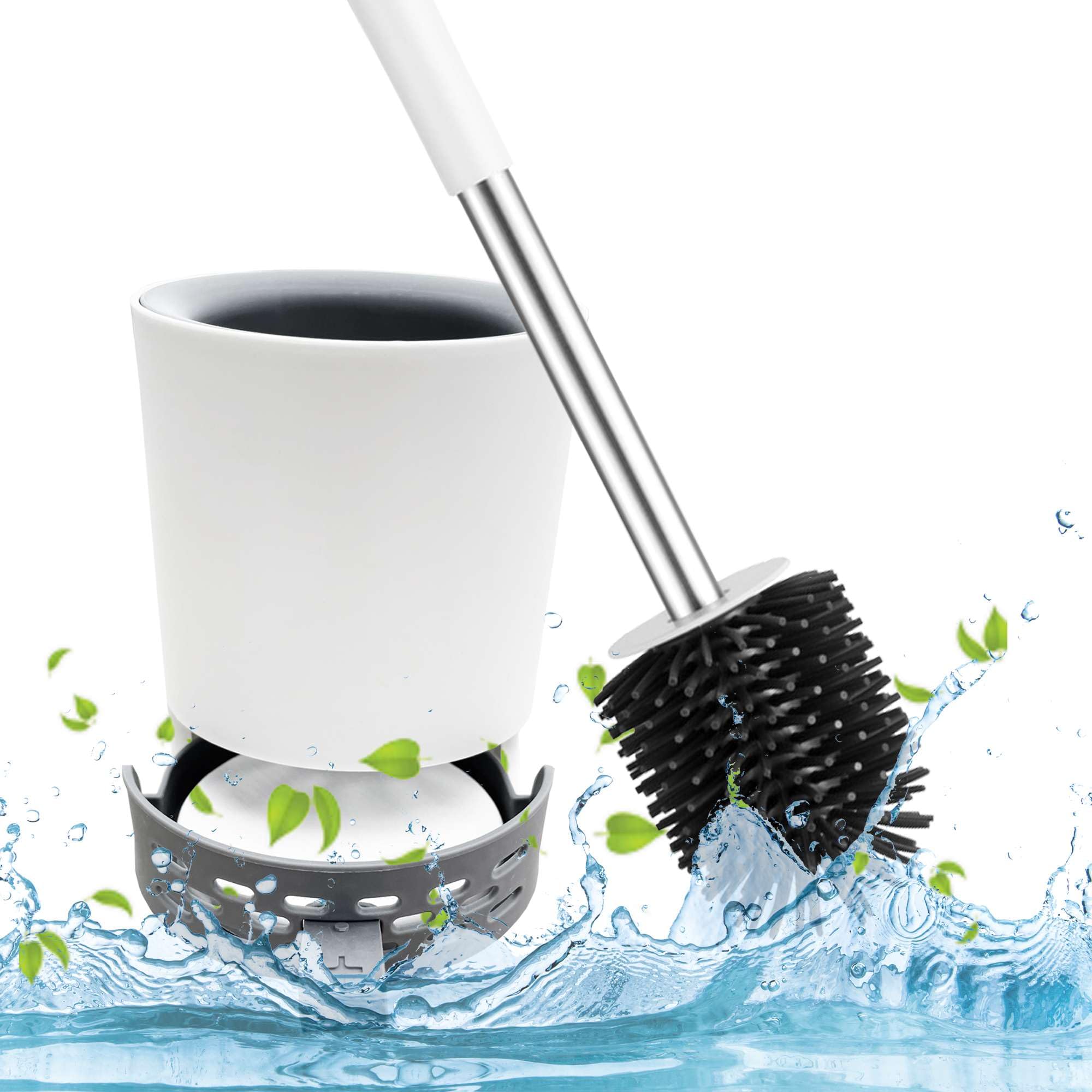 Nicoman Hygienic + Dry Toilet Brush With Drainage Holder Set,Flex Silicone Anti-Clog Anti-Drip Brush Head, White/Grey Colour With Stainless Steel Handle, 1-Pack With Diatomite Drying Pad