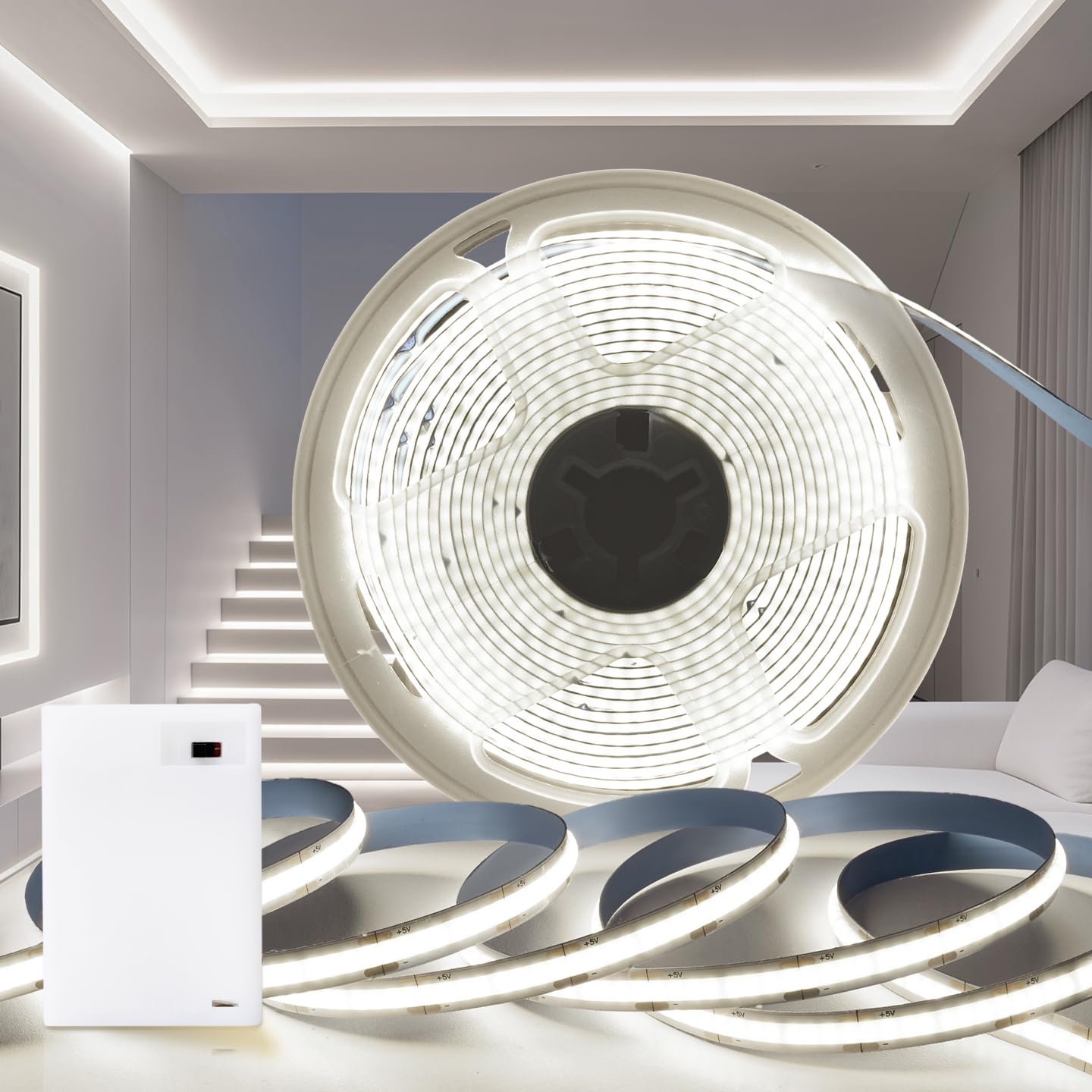 PERVADEO LED Strip Battery 1 m LED Strip COB Cool White 6000 K Battery Operated 320 LEDs/M 5 V Self-Adhesive Flexible Light Strip DIY for Home Lighting Kitchen Bedroom Cabinets Stairs