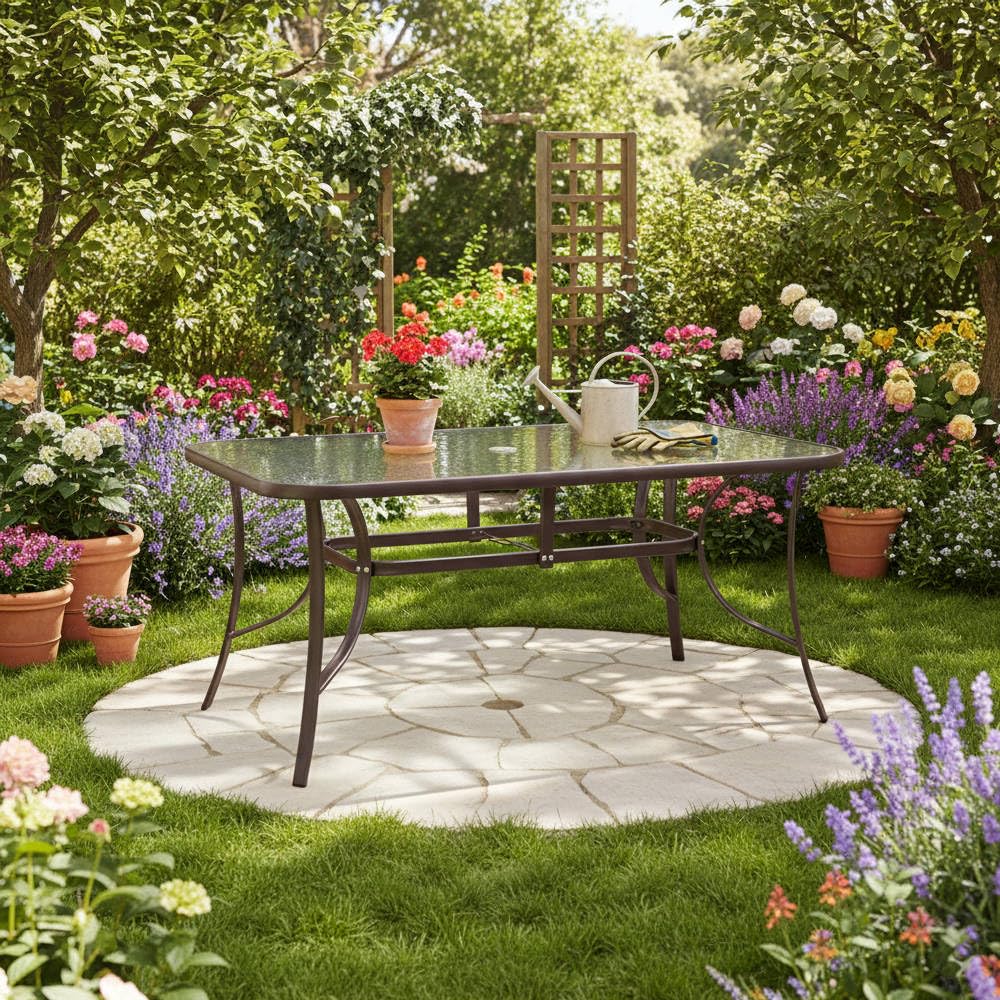 MONTY Mesa de Jardín Rectangular 150x90 cm de Acero Gris Topo con Tablero de Cristal Templado 5mm | Pintura Anticorrosión, Uso Exterior | para 4 Personas | Requiere Montaje | Classic