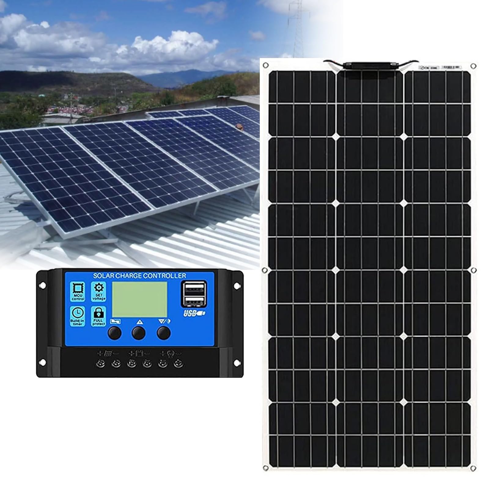 Kit Solar de Panel Solar Flexible de 500W, 12V 24V, módulo Solar monocristalino con Controlador de Carga y Cable para vehículos recreativos, Barcos, remolques(1x500W)