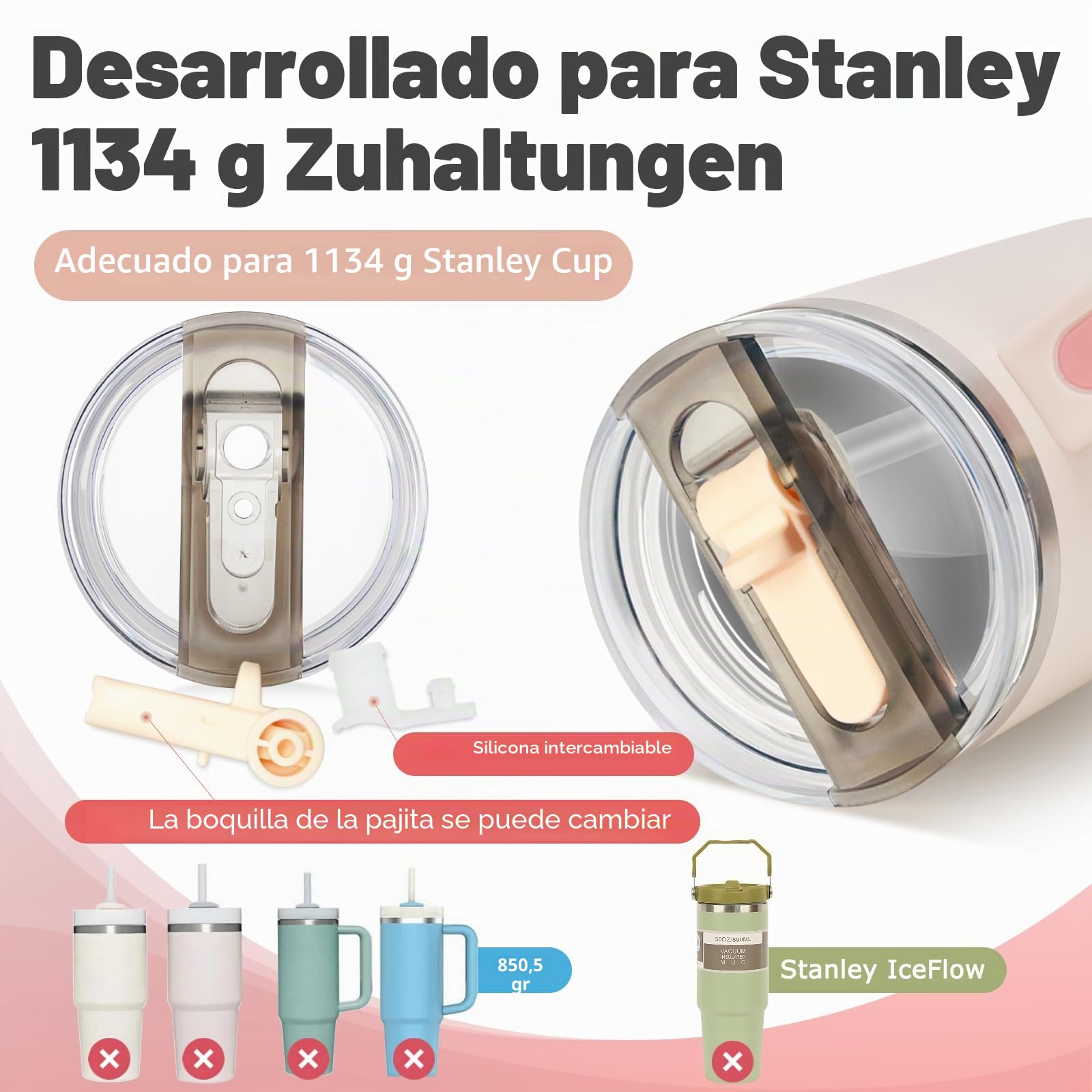 DealKits 2 unidades compatibles con la tapa Stanley Cup a prueba de fugas, tapa de repuesto para taza de 40 oz, con 2 pajitas y 1 pajita, sin BPA, apto para lavavajillas, reutilizable (blanco + rosa)