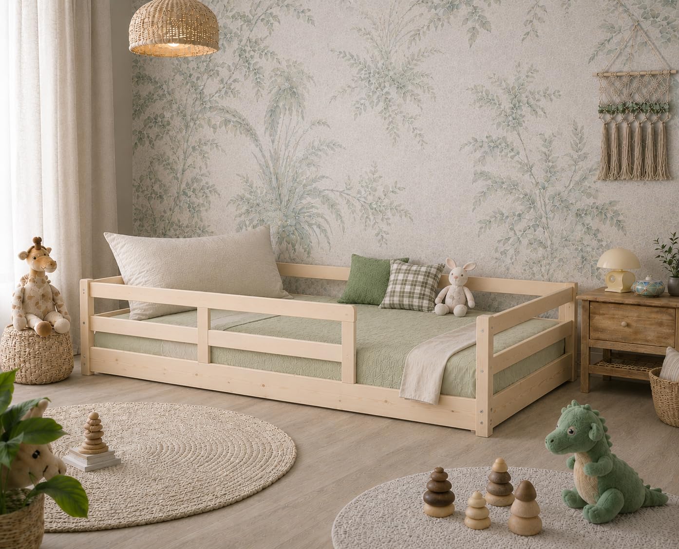 KONTARBOOR Cama infantil de 90 x 190 cm con barreras de seguridad – Montessori- Cama en el suelo de madera maciza natural – Estilo escandinavo mixto niña y niño – Somier incluido – Habitación infantil