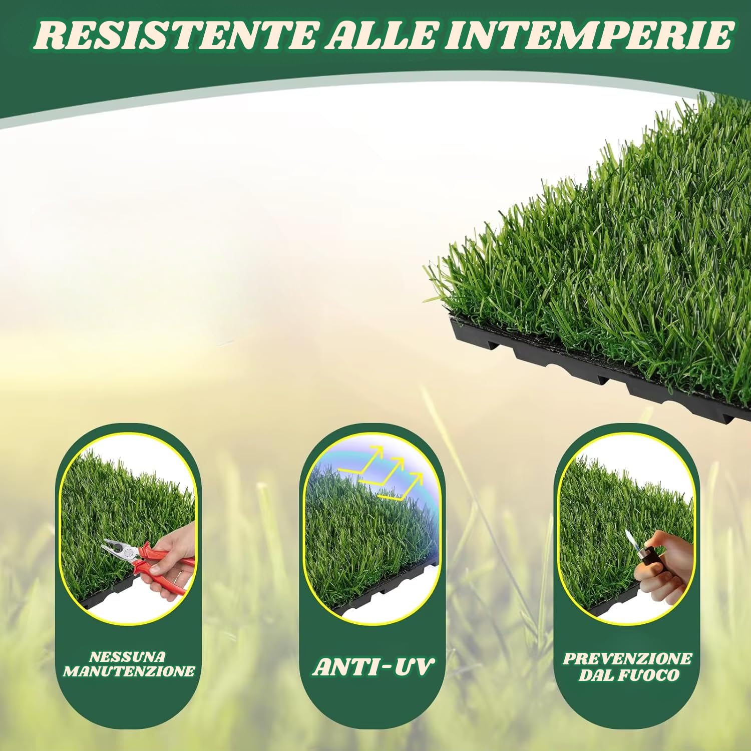 Piastrelle Erba Sintetica Esterno Interno Set da 10 Prato Artificiale Incastro Drenaggio Acqua 30 x 30 x 2,3 cm Realistico Pavimento Morbido Terrazza Patio Giardino Balcone Bordo Piscina