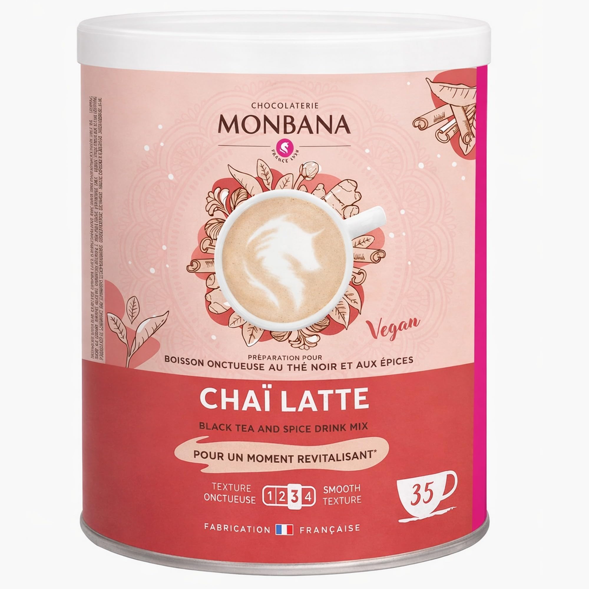 MONBANA Chai Latte Vegan 350 g – Préparation Instantanée au Thé Noir et Épices – Boisson Chaude ou Glacée – Cannelle, Cardamome, Gingembre et Girofle – Recette Gourmande