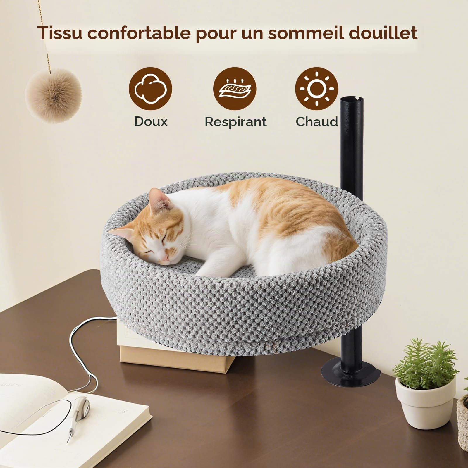 Lit pour Chat pour Bureau – Rotatif à 360°, Anti-pincement et Peu encombrant, Motif Ananas (XL, Gris foncé)