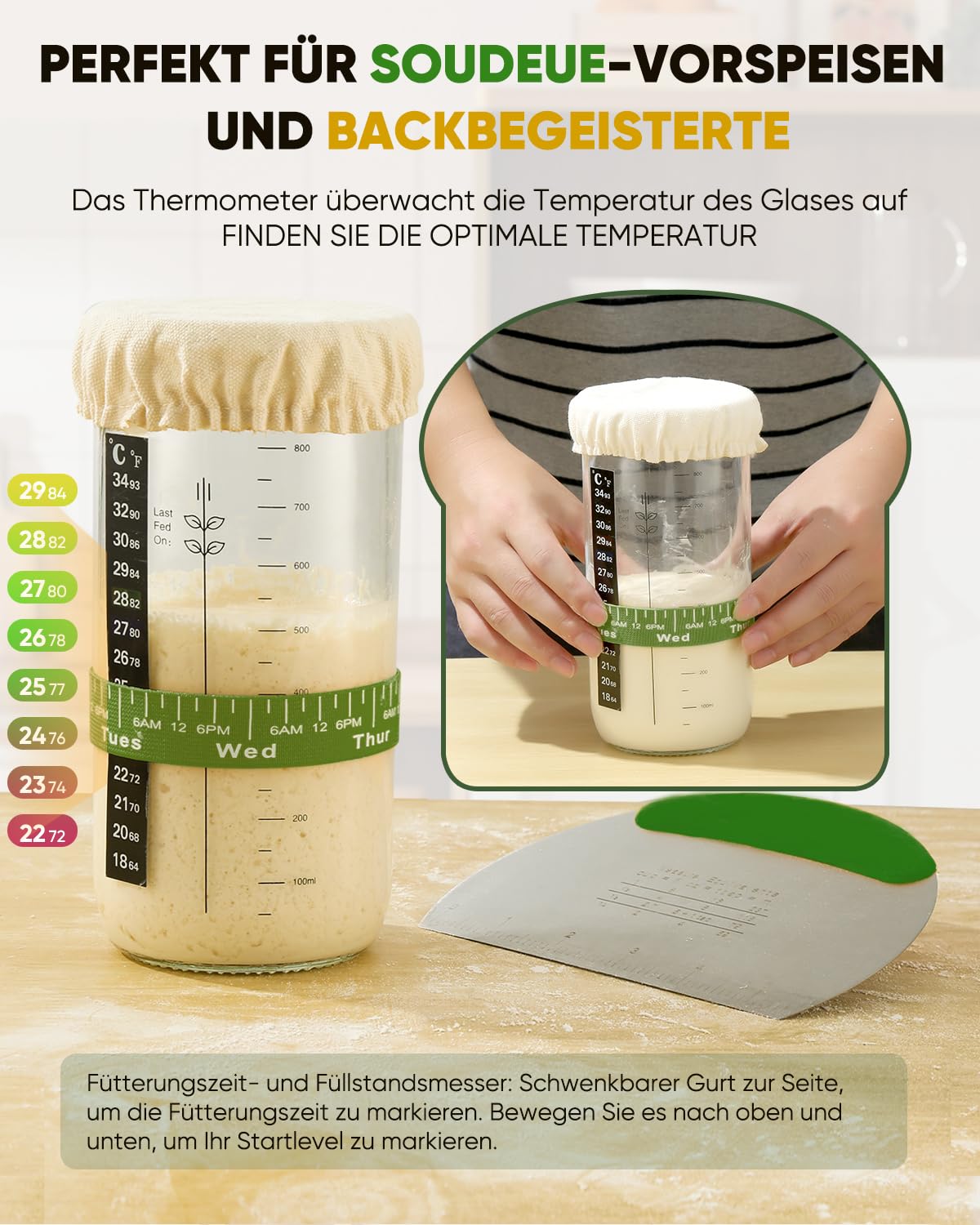 Sauerteig Starterset aus 2x Gärkörbchen Silikon 1000ml Gärglas mit Spatel,Brot Backen Zubehör Teigschneider Dänischer Teigbesen