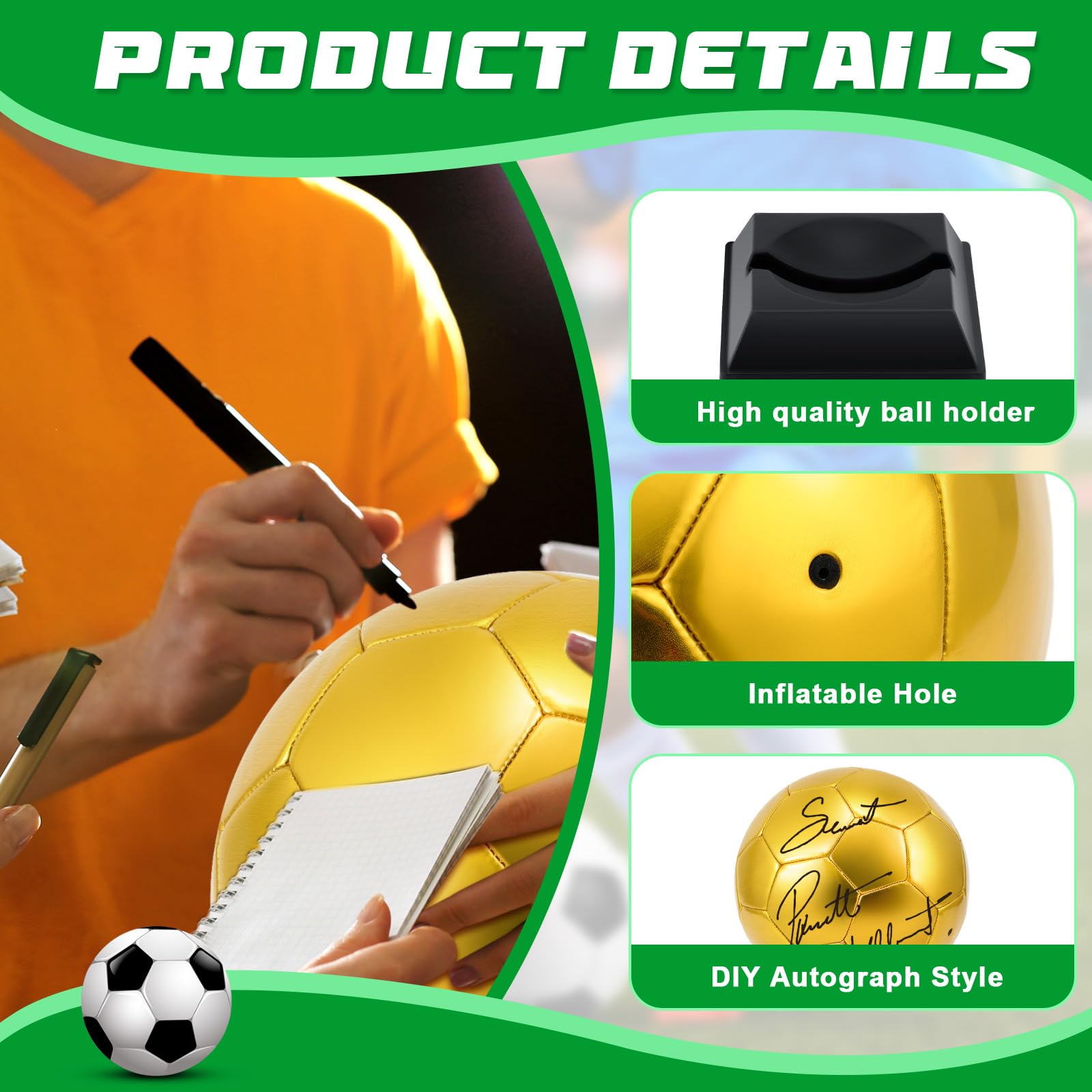 Hiboom Pallone da calcio con autografo dorato con espositore e pompa ad aria, per trofei, anniversari, licei, allenatori, premi, feste di campionato, 4 pezzi