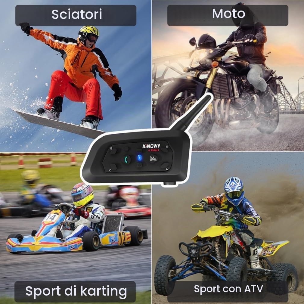 V6 PRO Interfono Moto, Kit Interfono per 2 Casco Auricolari con Cancellazione del Rumore, Distanza 1Km, Sistema di Comunicazione Moto Universale IP67 Impermeabile (Nero-Due)
