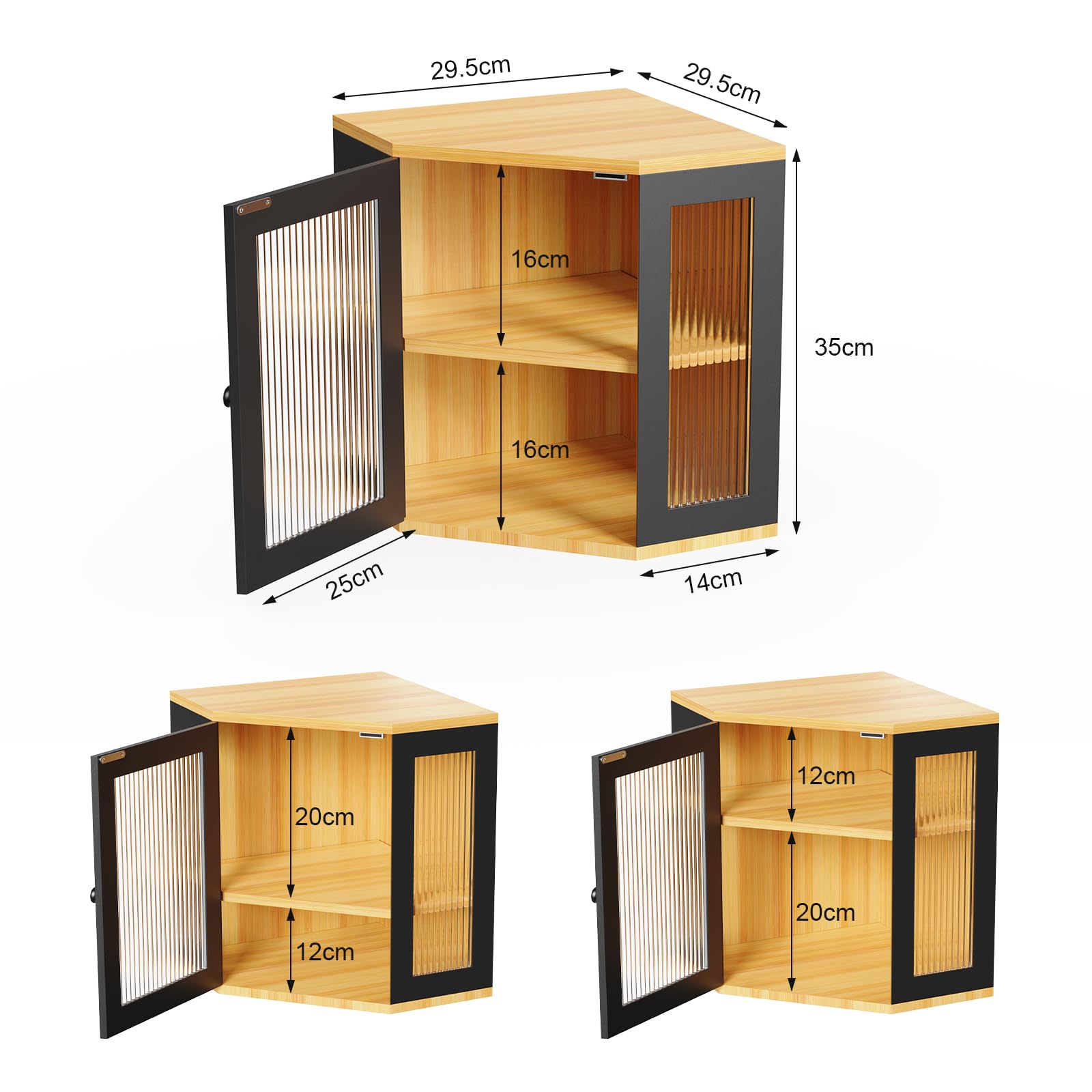 Panera de madera de 2 niveles con ventana, estantería esquinera de cocina para pan y utensilios de cocina, ahorra espacio y elegante, 29,5 x 29,5 x 35 cm, color negro