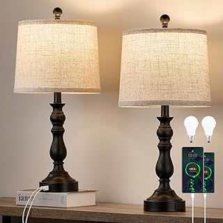 23'' Farmhouse Table Lamps for Living Room Set of 2 with USB C+A Ports,