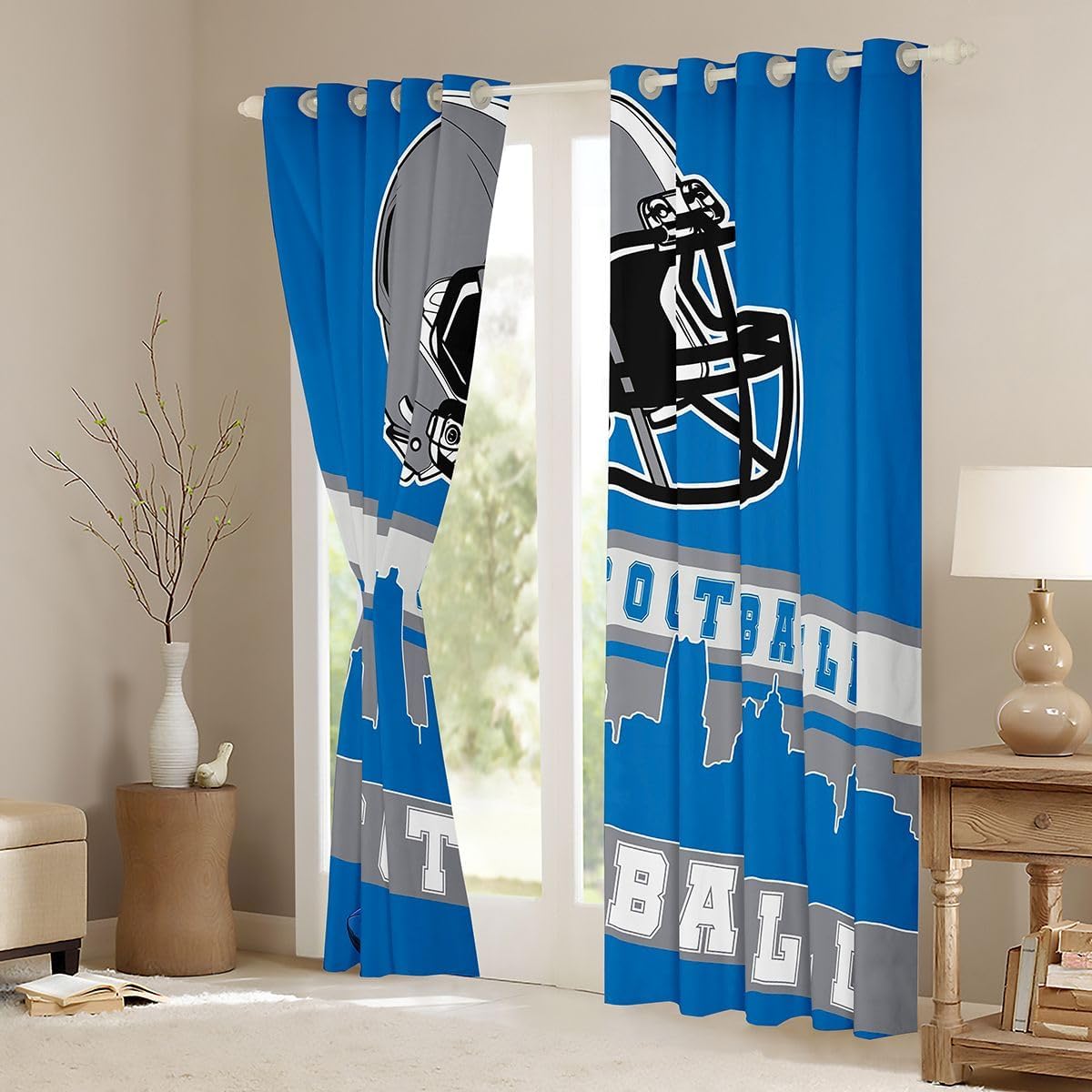 Erosebridal Football City Curtains 52" Wx84 L, 2 Panels Football Blackout Curtains Boys Girls Blue Grey Rugby Game Curtains & Drapes Football Fans Sports Ball Team Window Curtains