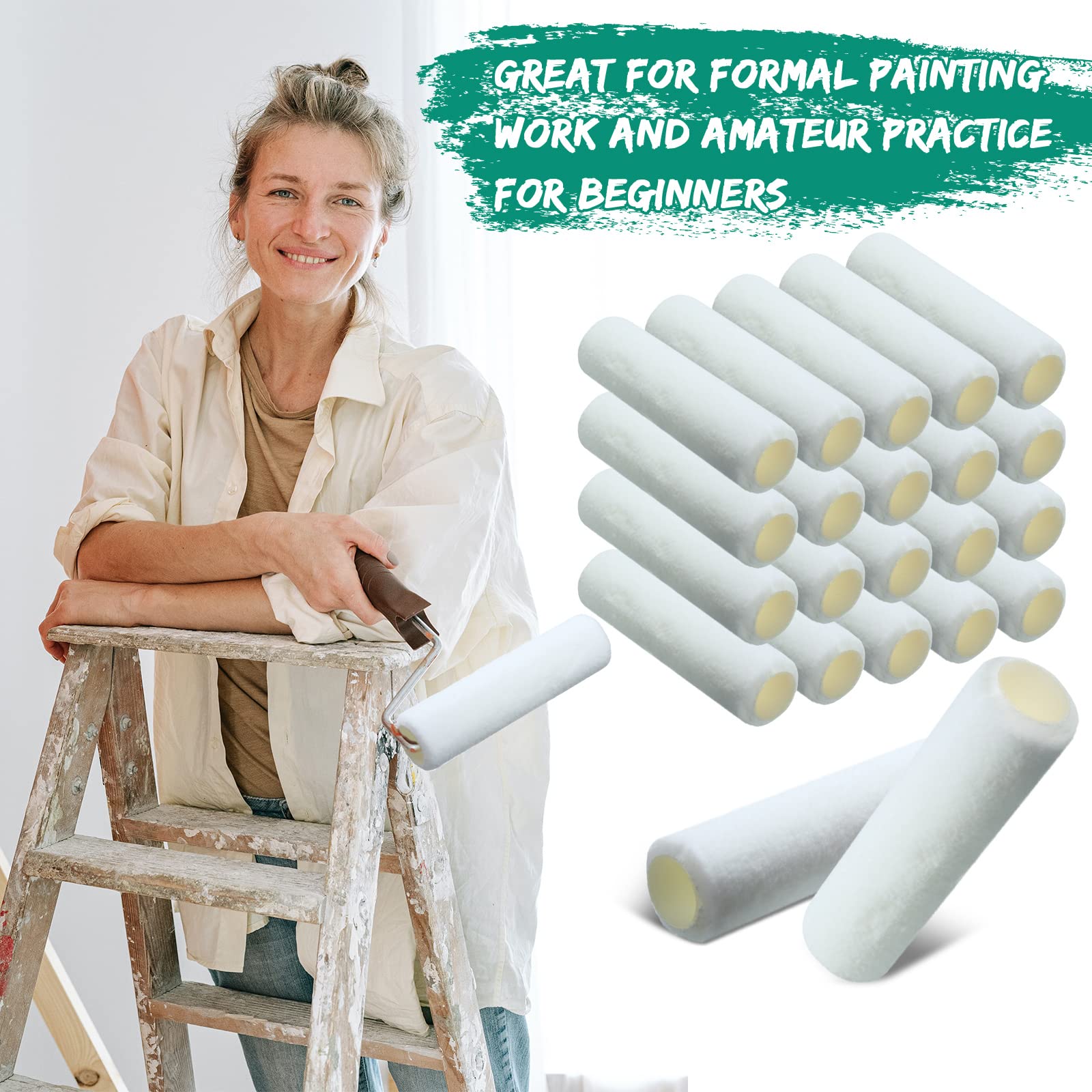 Coperture per rulli di vernice 20 x 7,8 cm, in microfibra, per pittura a rullo per pareti e soffitti, forniture per la pittura domestica (bianco, confezione da 24)