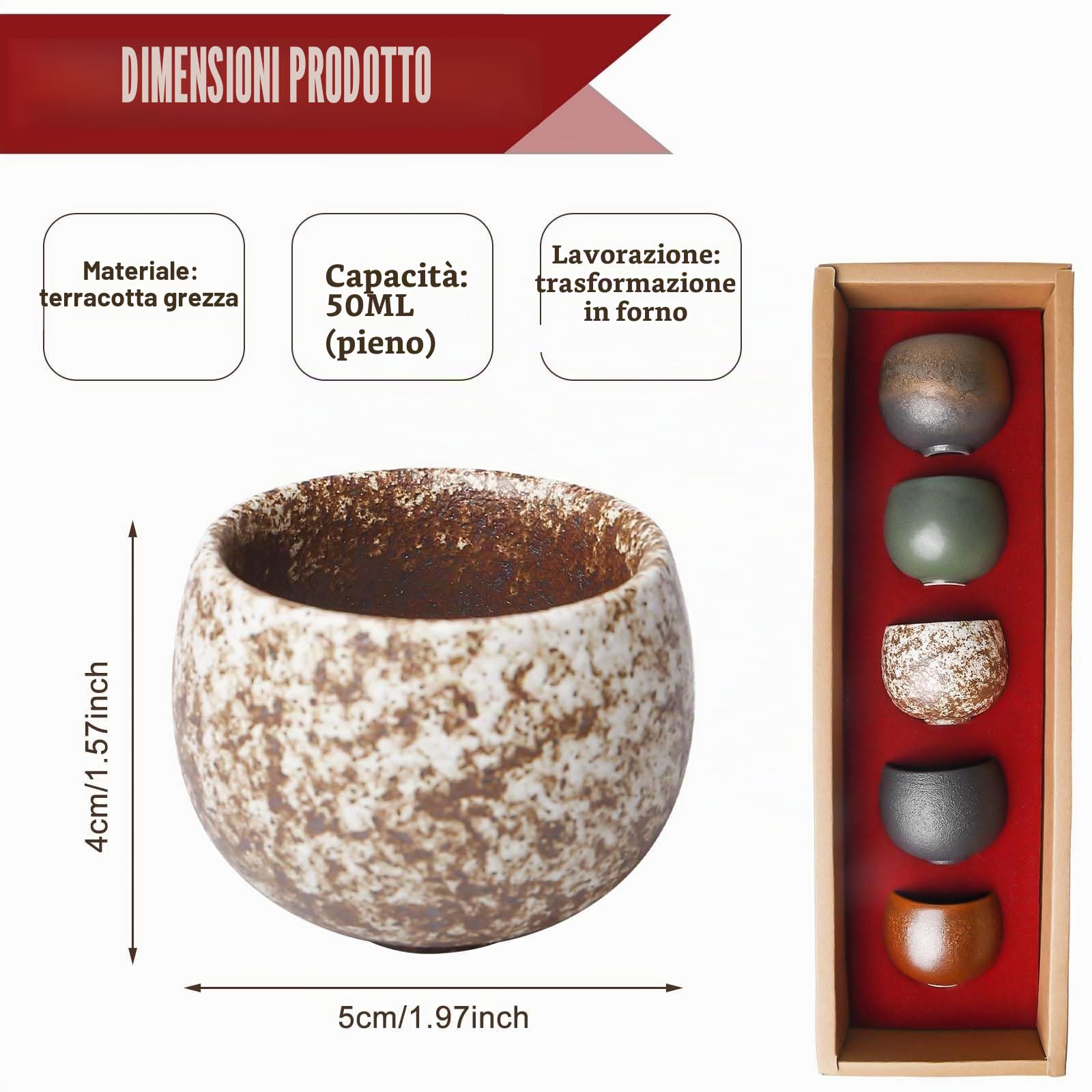 Set di 5 tazze da espresso in ceramica, con pareti spesse, 50 ml, senza manico, di alta qualità, in gres porcellanato, ideali per espresso, moka, tè, regalo per donne e uomini
