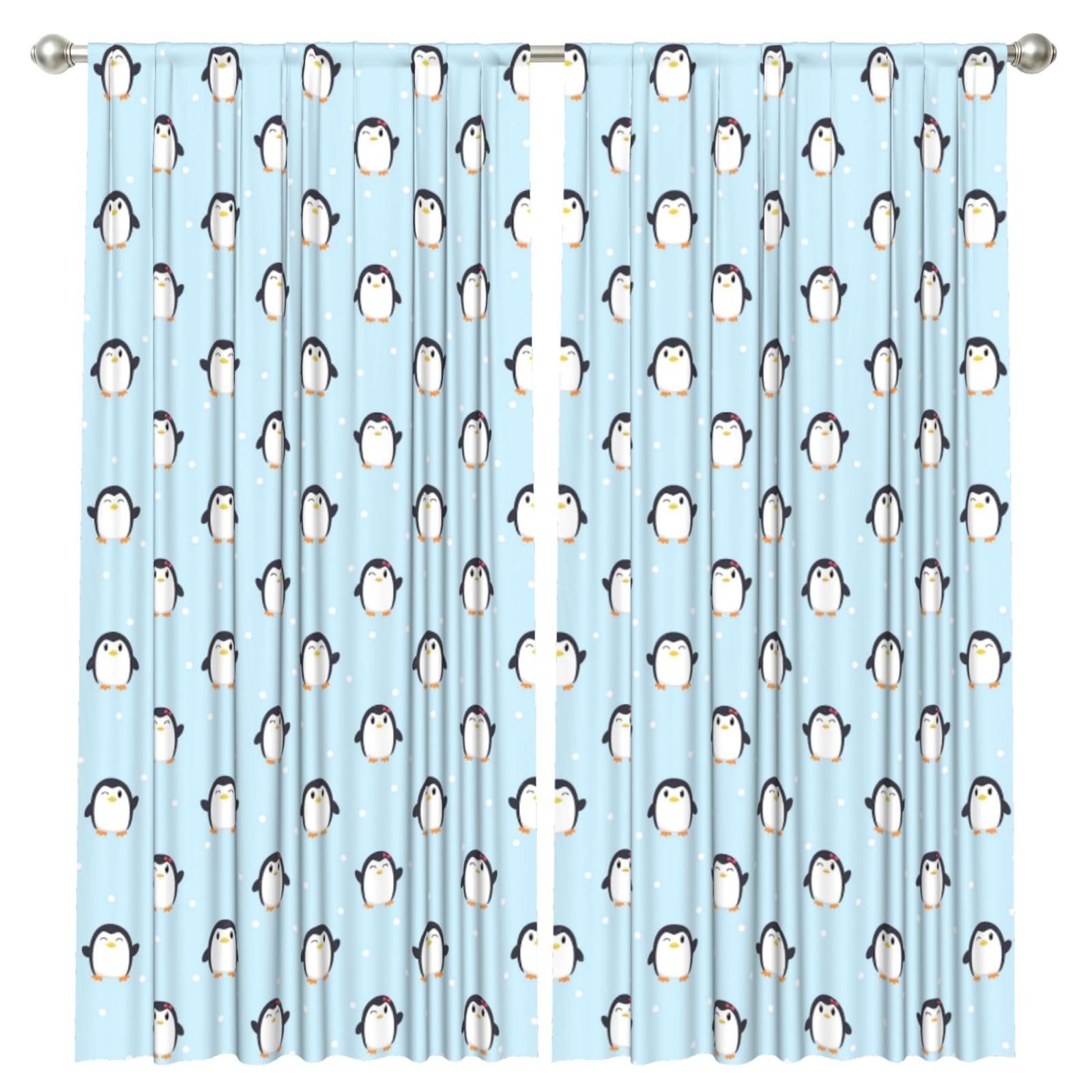 InOmak Cute Penguin And Snow Printed, 2 Panels Window Curtains 52 x 84 Inch Blackout Curtains for Living Room Bedroom