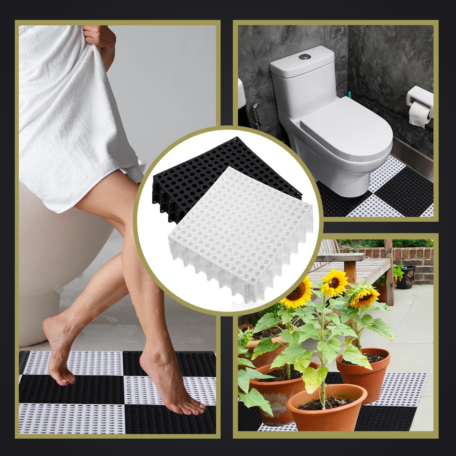 Tinideya 50 Pcs Drainage Interlocking Floor Tiles, 12'' x 12'' Soft TPE Non Slip Shower Floor Tiles for Pool Bathroom Shower Balcony Patio Locker Room Basement Stairs(Black and White) — Amazon image 7